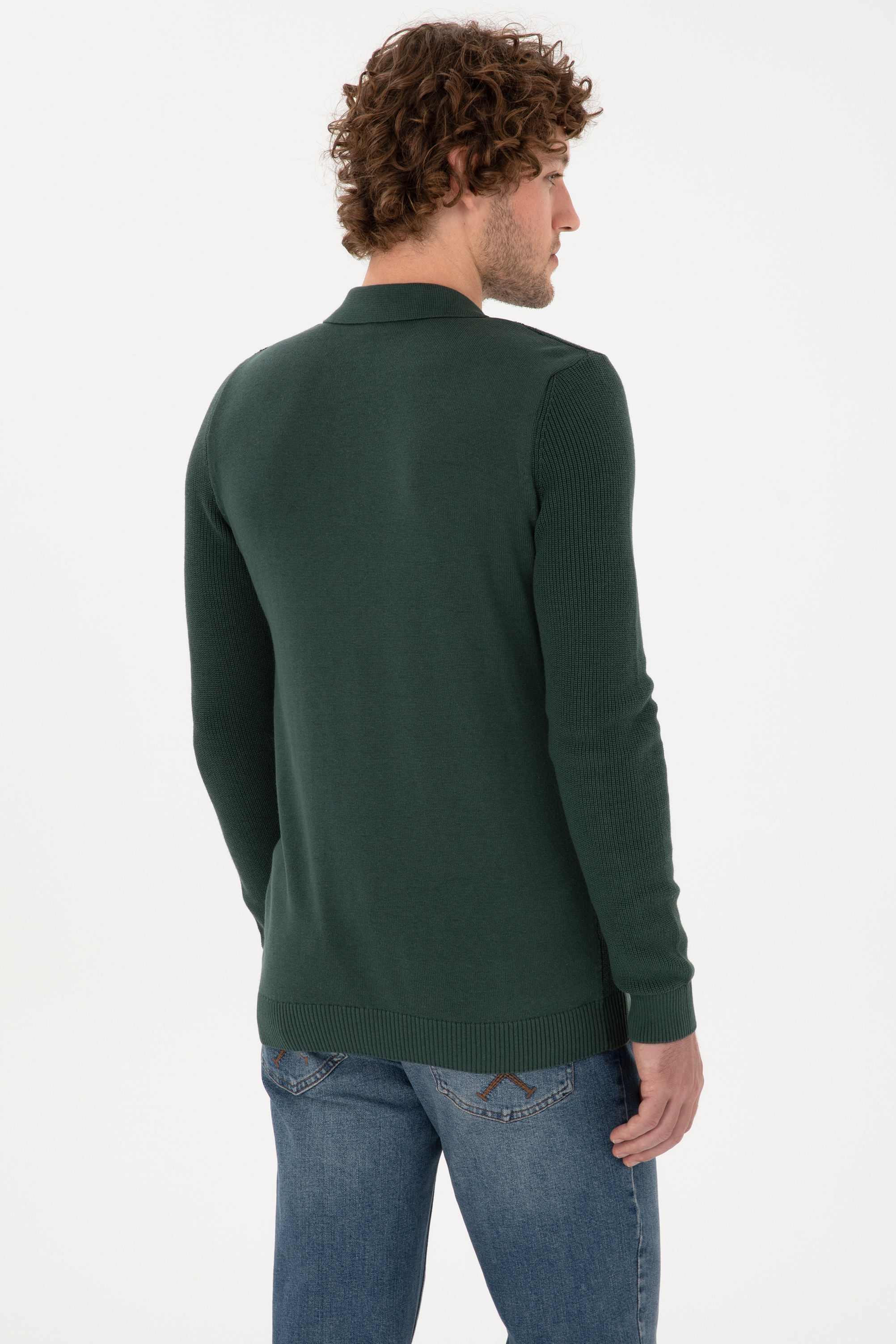 Erkek Regular Fit Yarım Fermuarlı Koyu Yeşil Basic Kazak - Image 5