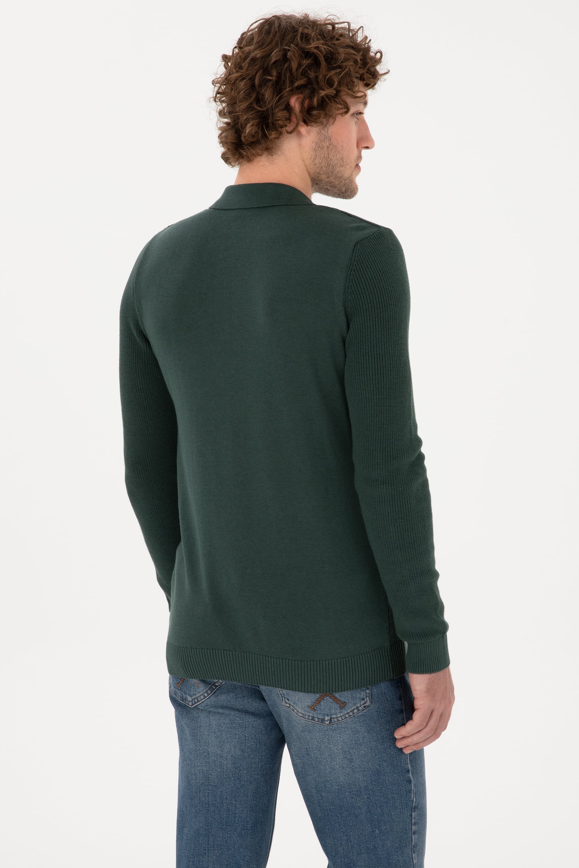 Erkek Regular Fit Yarım Fermuarlı Koyu Yeşil Basic Kazak