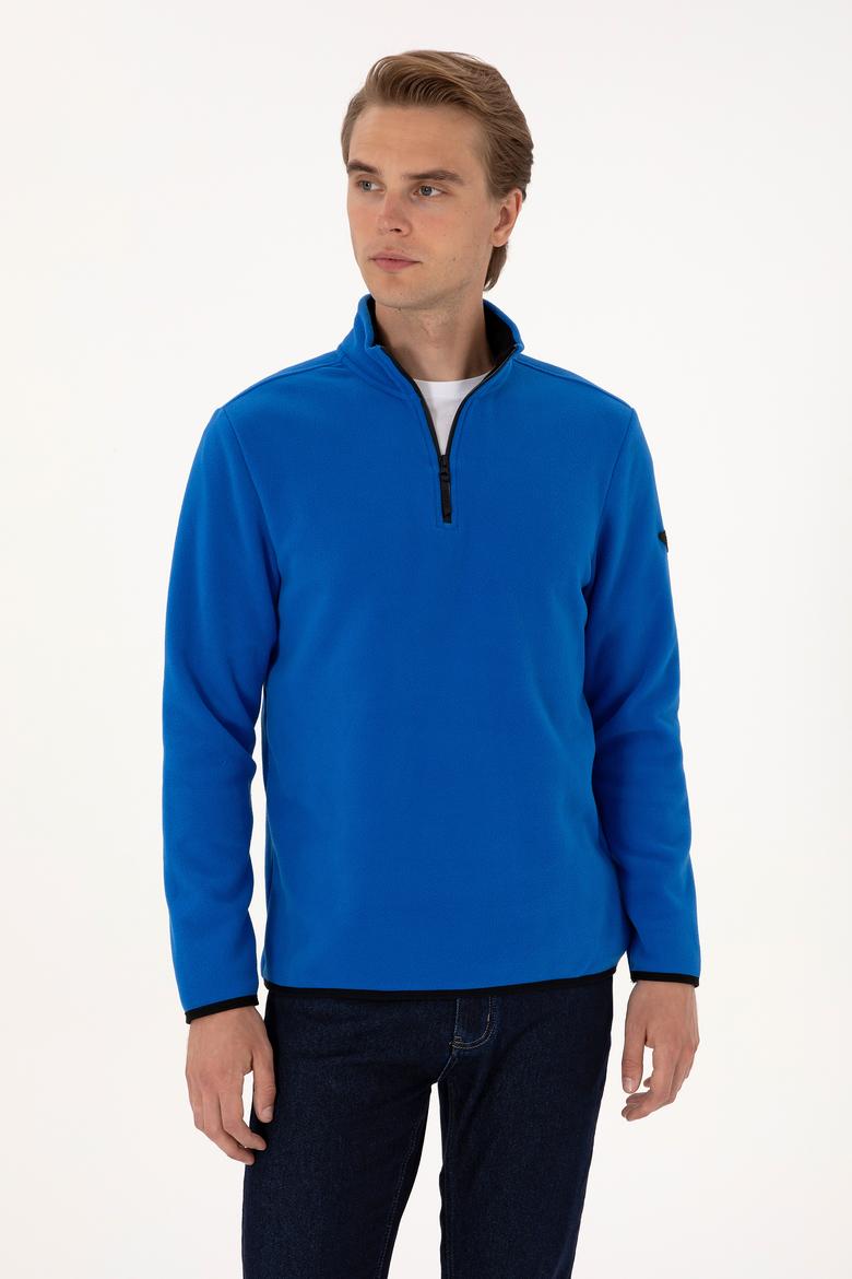 Erkek Regular Fit Saks Polar Yarım Fermuarlı Basic Sweatshirt