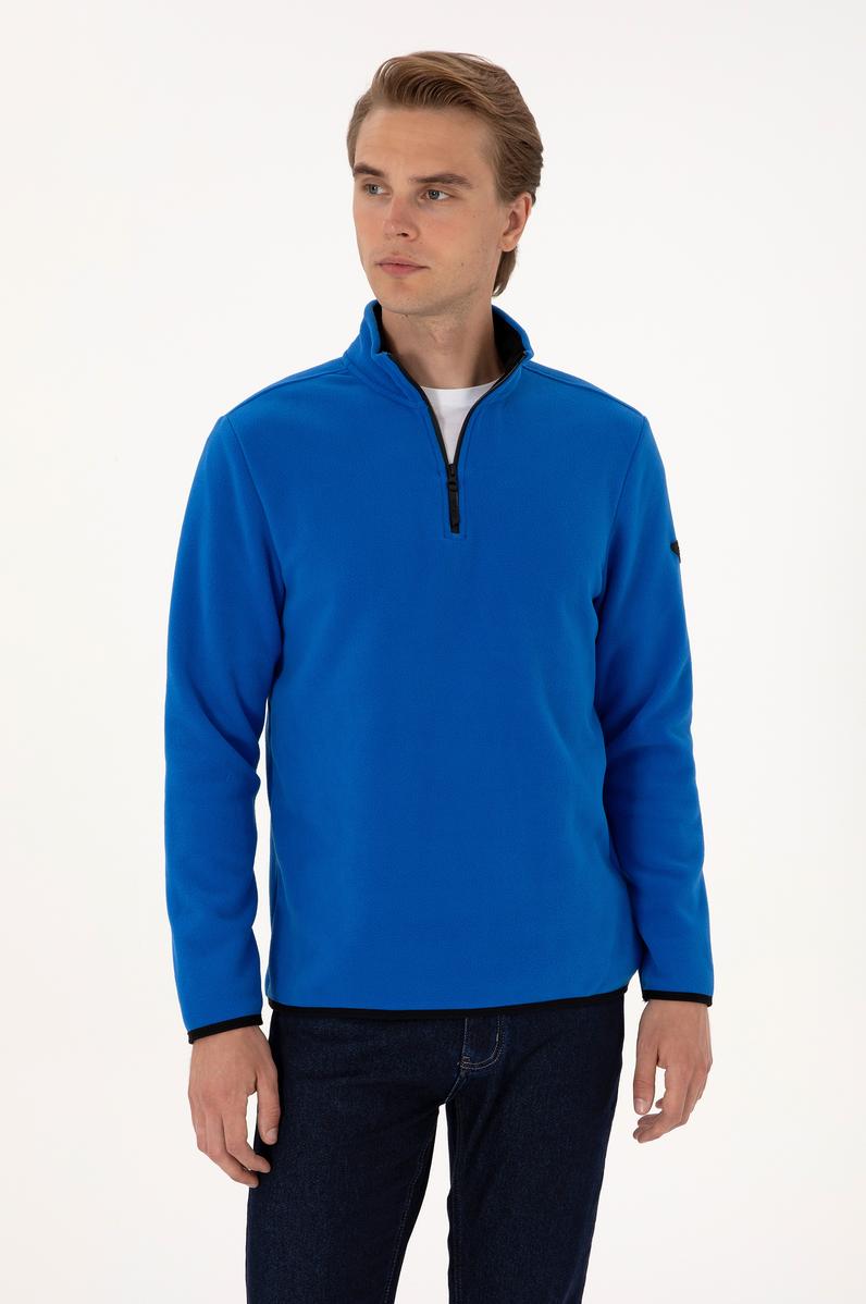 Erkek Regular Fit Saks Polar Yarım Fermuarlı Basic Sweatshirt