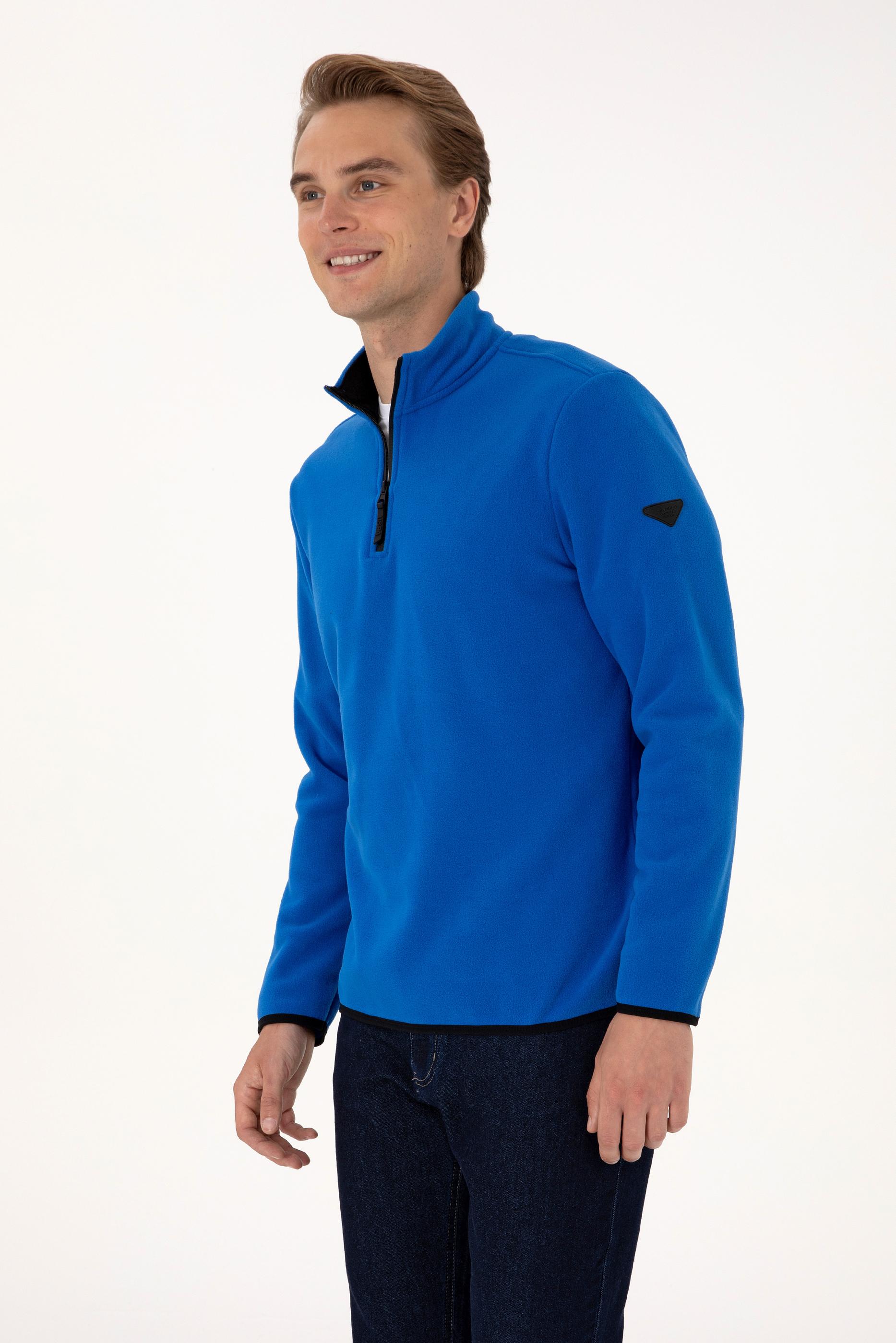 Erkek Regular Fit Saks Polar Yarım Fermuarlı Basic Sweatshirt