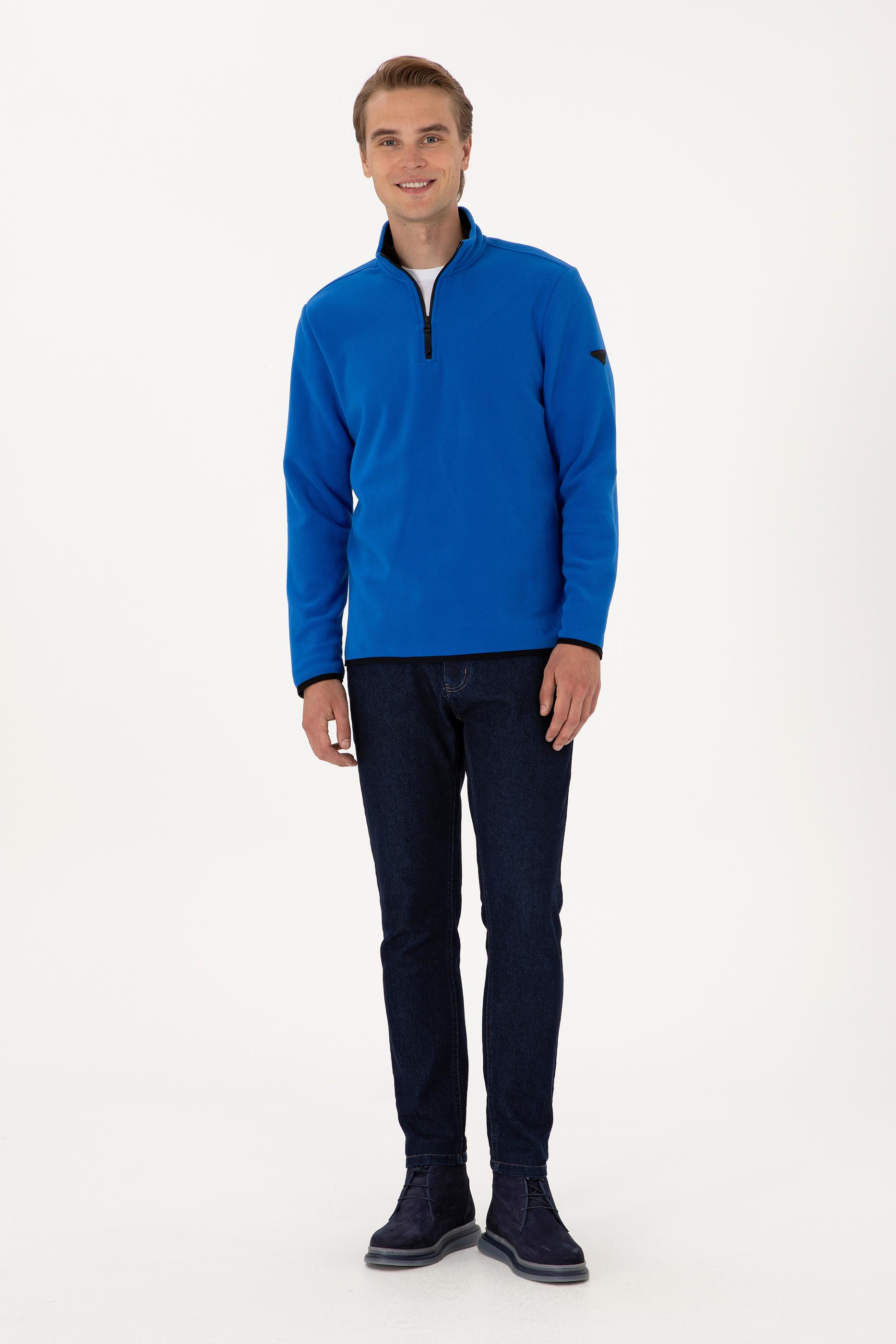 Erkek Regular Fit Saks Polar Yarım Fermuarlı Basic Sweatshirt