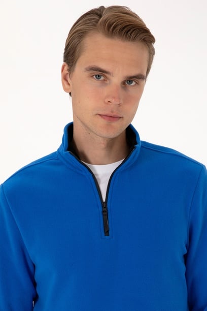 Erkek Regular Fit Saks Polar Yarım Fermuarlı Basic Sweatshirt