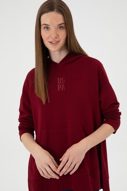 Kadın Bordo Yırtmaçlı Kapüşonlu Sweatshırt