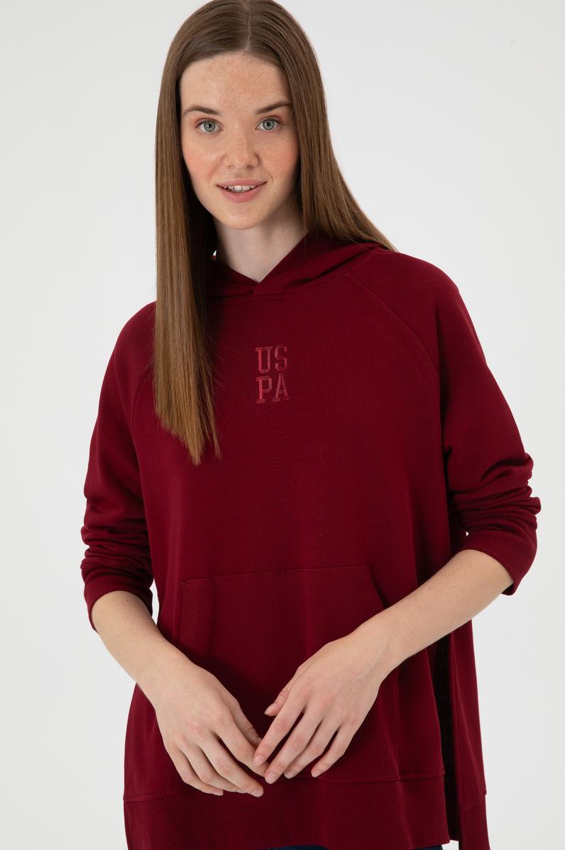 Kadın Bordo Yırtmaçlı Kapüşonlu Sweatshırt