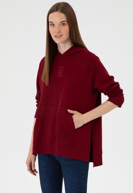 Kadın Bordo Yırtmaçlı Kapüşonlu Sweatshırt - 50313611052