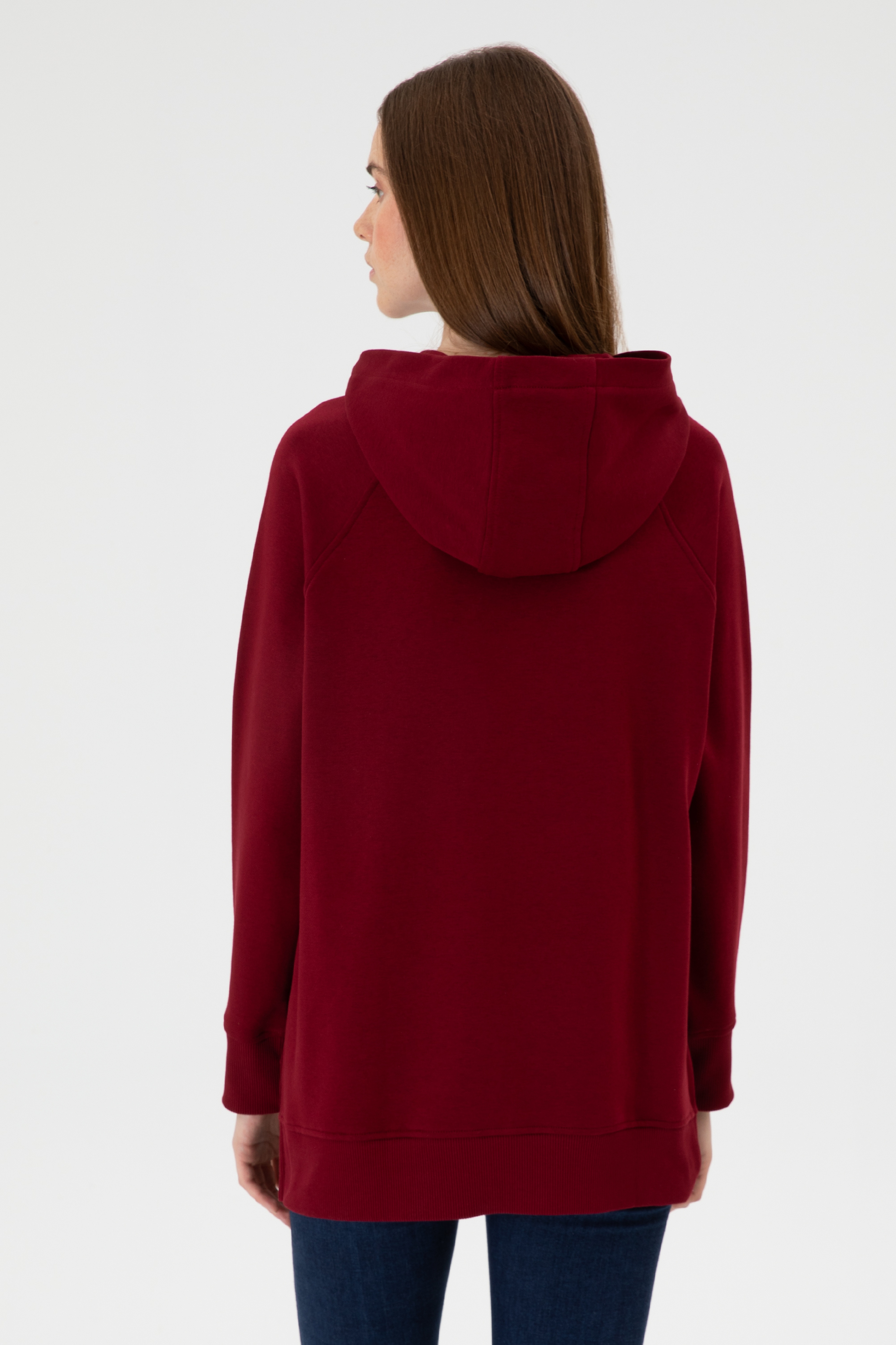 Kadın Bordo Yırtmaçlı Kapüşonlu Sweatshırt