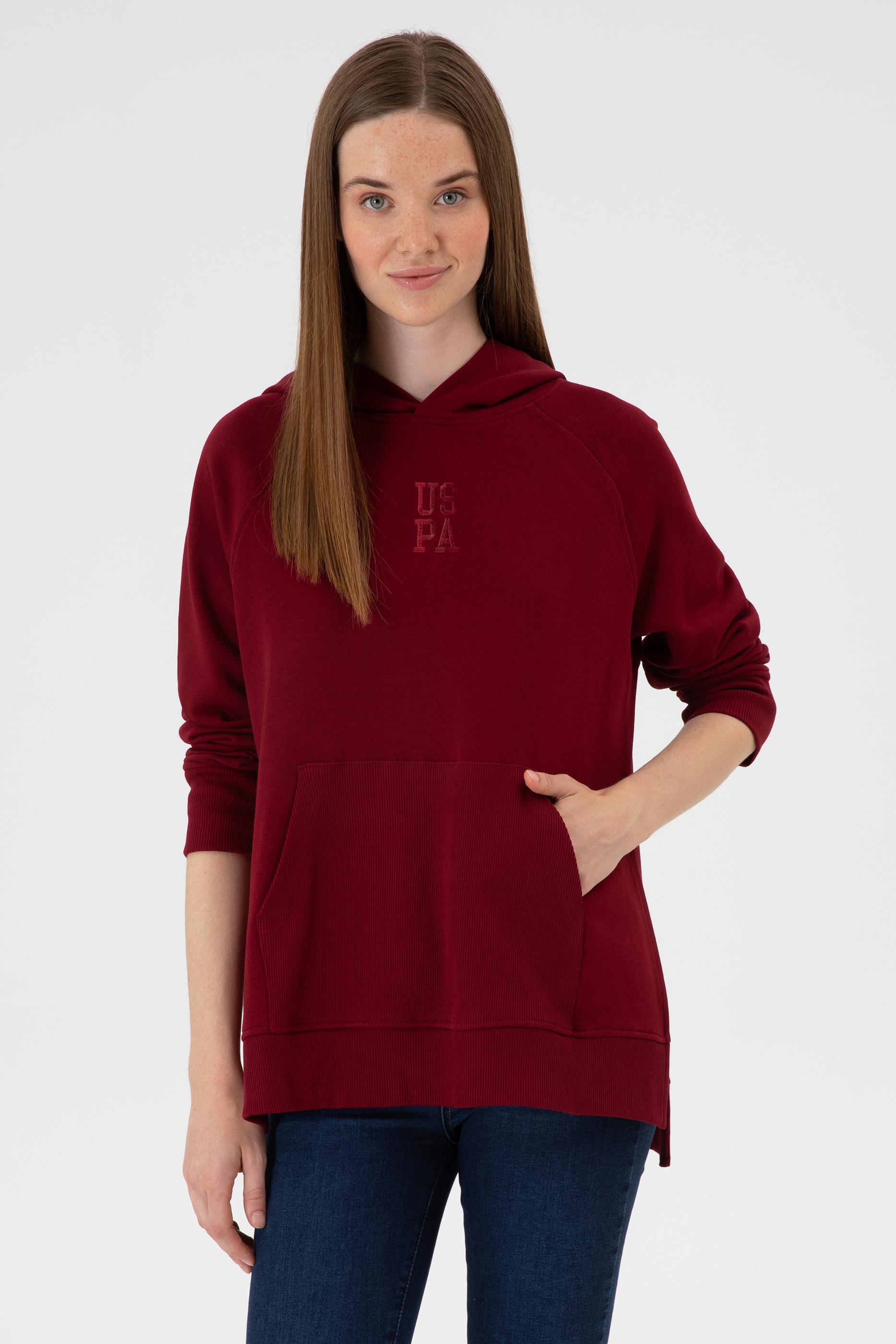 Kadın Bordo Yırtmaçlı Kapüşonlu Sweatshırt