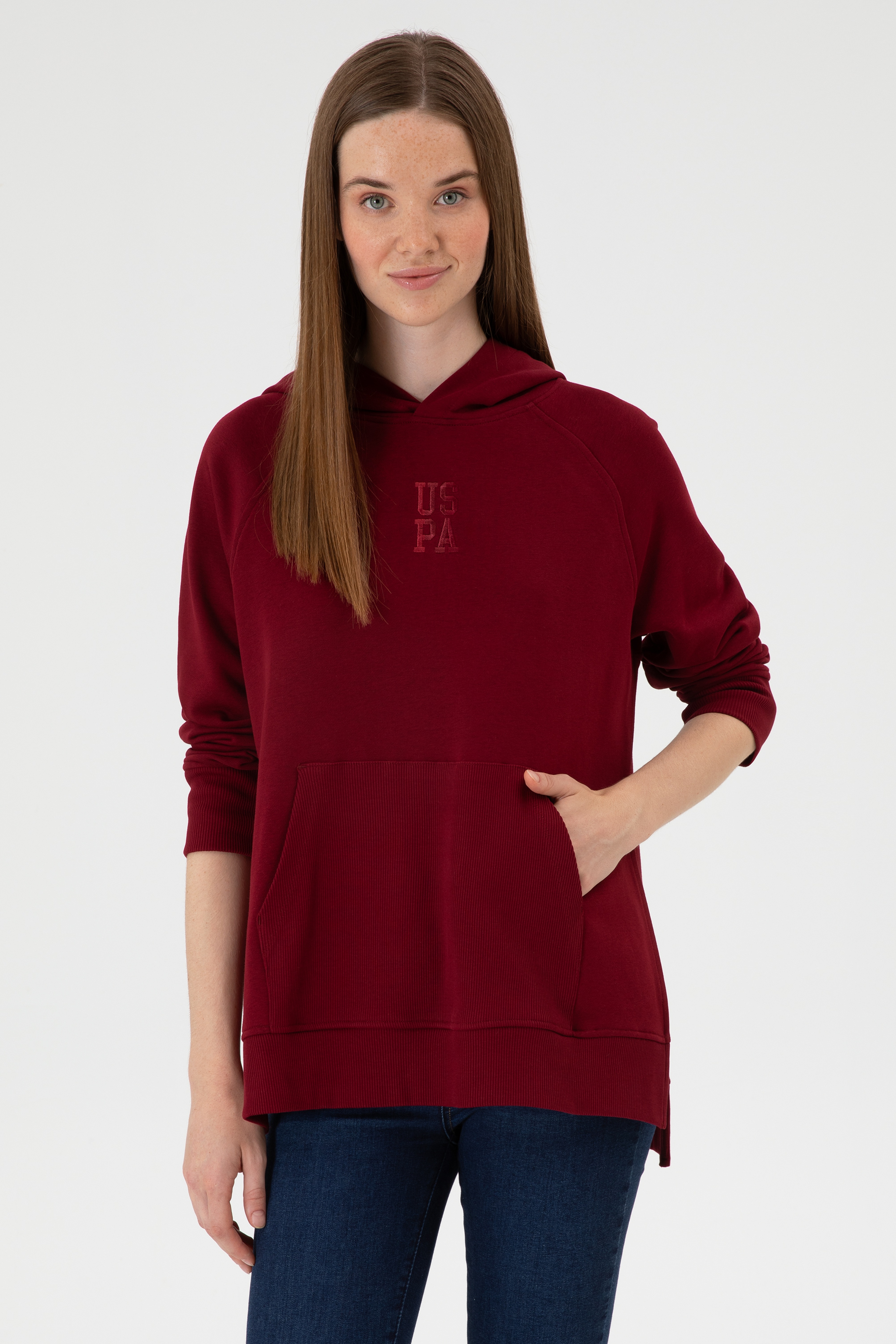 Kadın Bordo Yırtmaçlı Kapüşonlu Sweatshırt - Image 1