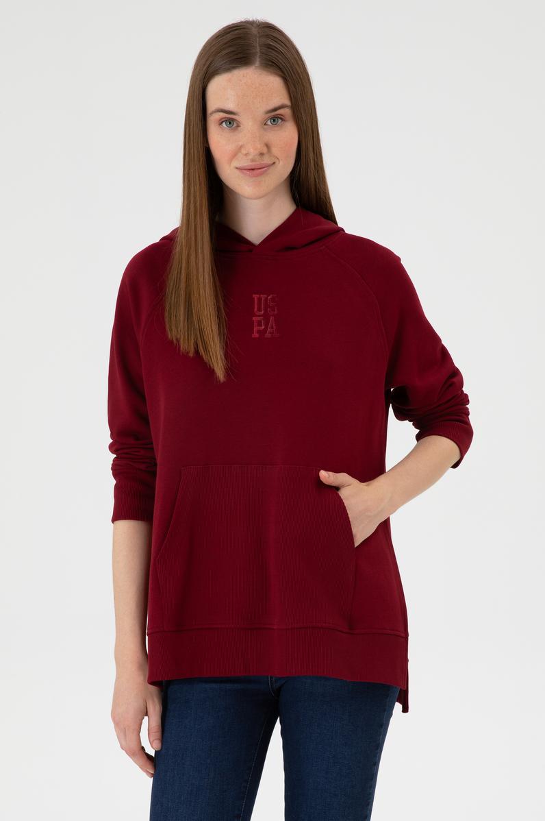 Kadın Bordo Yırtmaçlı Kapüşonlu Sweatshırt