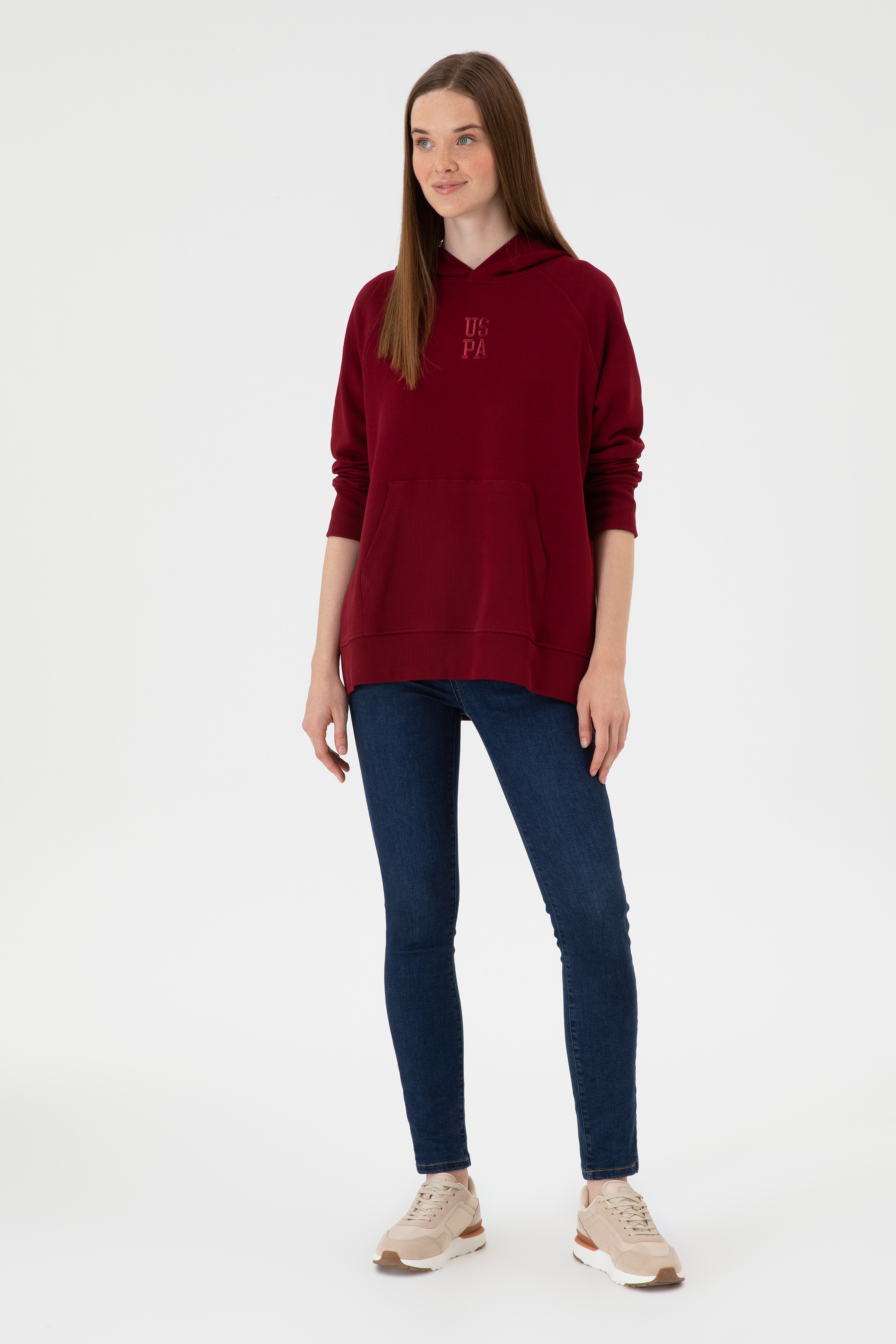 Kadın Bordo Yırtmaçlı Kapüşonlu Sweatshırt - Image 4
