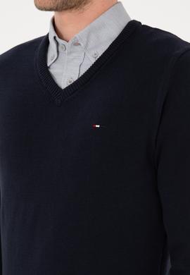 Erkek Slim Fit V Yaka Lacivert Basic Kazak - 50313668011