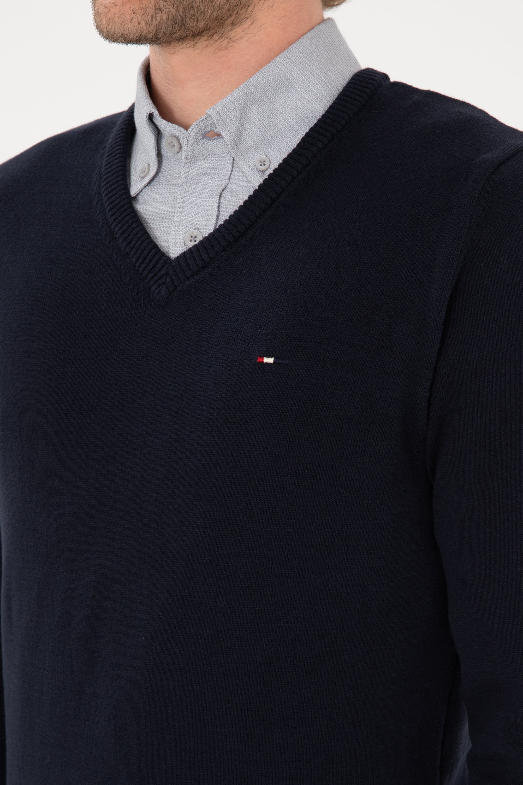 Erkek Slim Fit V Yaka Lacivert Basic Kazak - Image 7