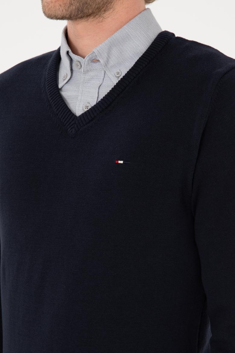 Erkek Slim Fit V Yaka Lacivert Basic Kazak - 50313668011