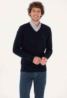 Erkek Slim Fit V Yaka Lacivert Basic Kazak - 50313668011