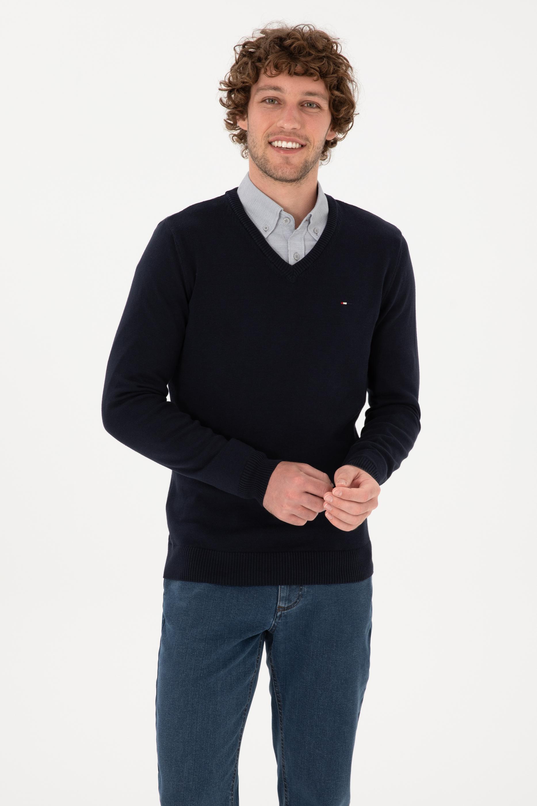 Erkek Slim Fit V Yaka Lacivert Basic Kazak