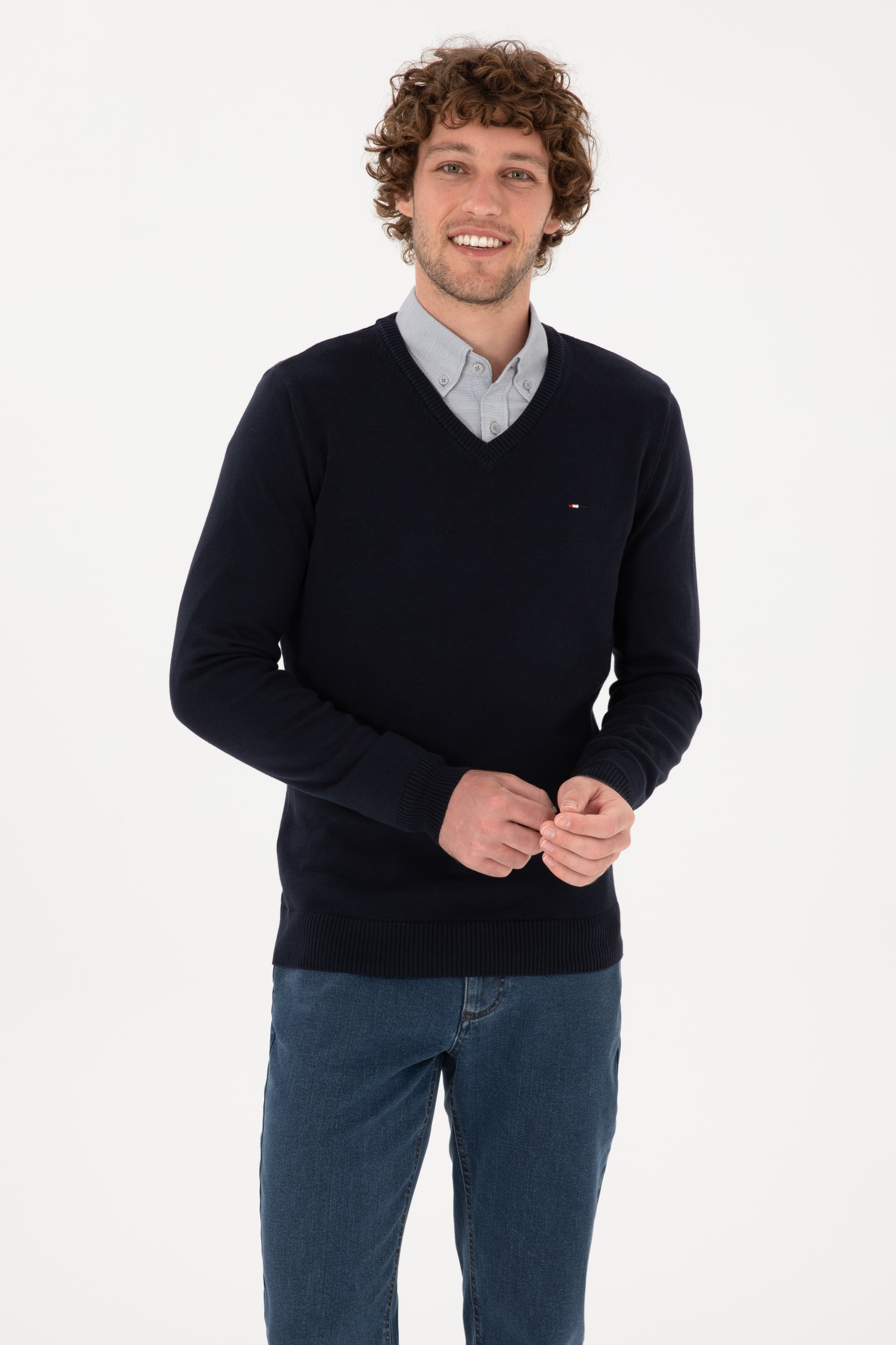 Erkek Slim Fit V Yaka Lacivert Basic Kazak
