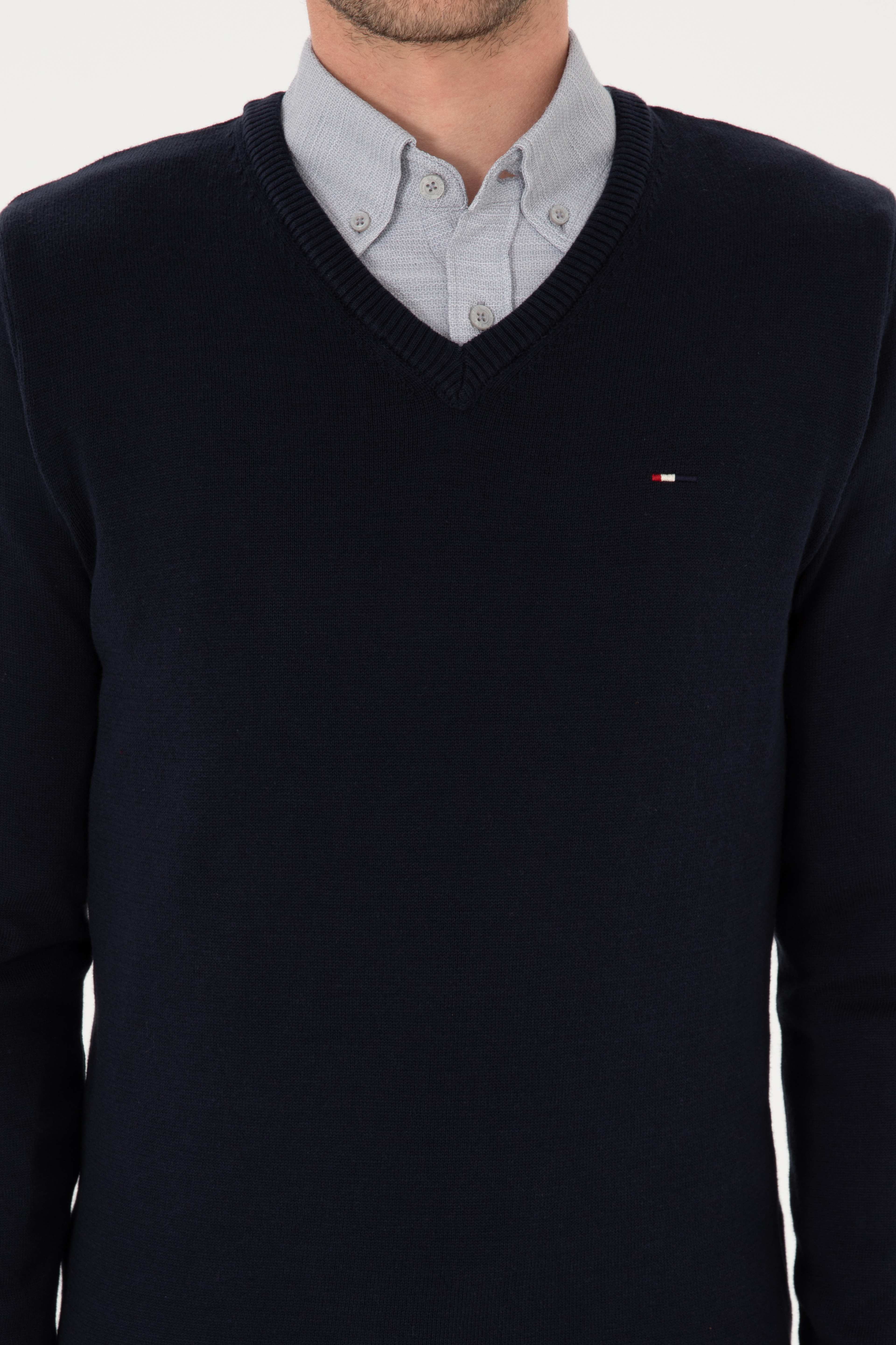 Erkek Slim Fit V Yaka Lacivert Basic Kazak - Image 6