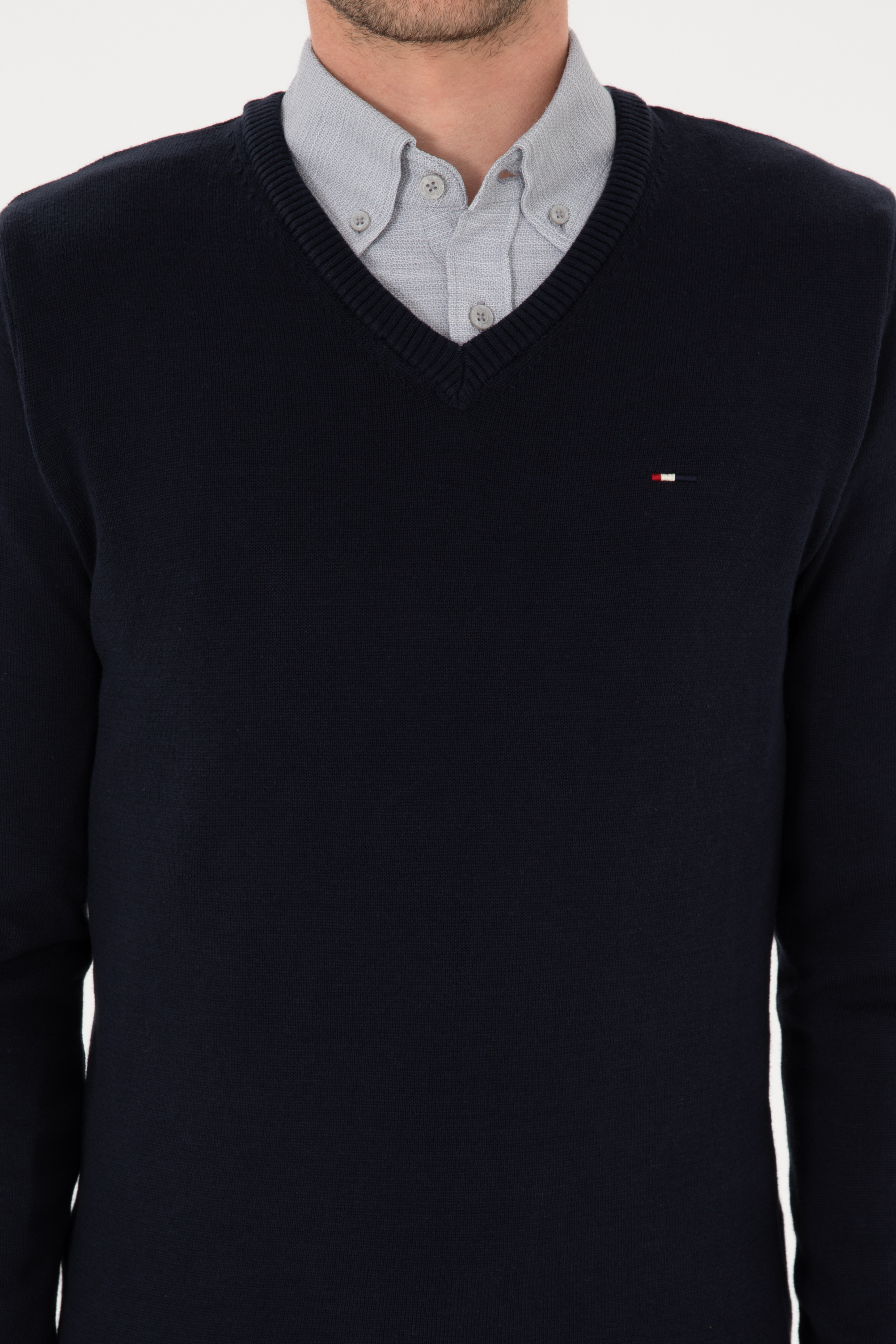 Erkek Slim Fit V Yaka Lacivert Basic Kazak