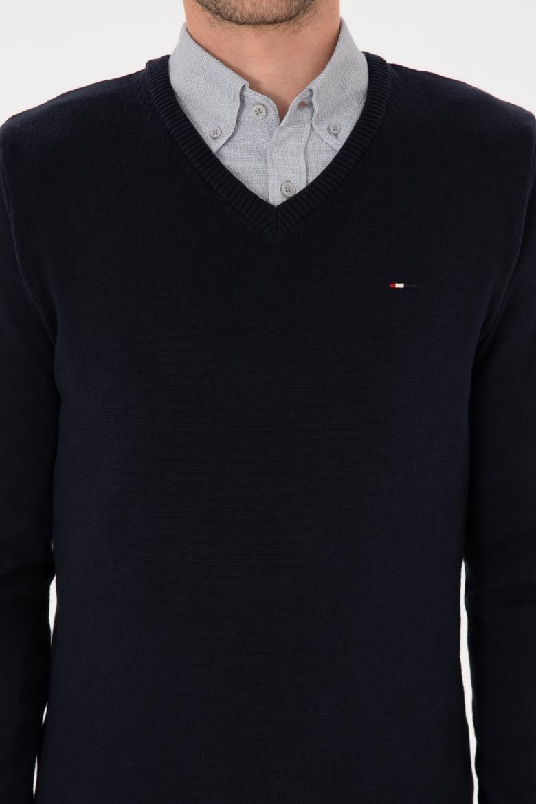 Erkek Slim Fit V Yaka Lacivert Basic Kazak - 50313668011