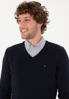 Erkek Slim Fit V Yaka Lacivert Basic Kazak - 50313668011