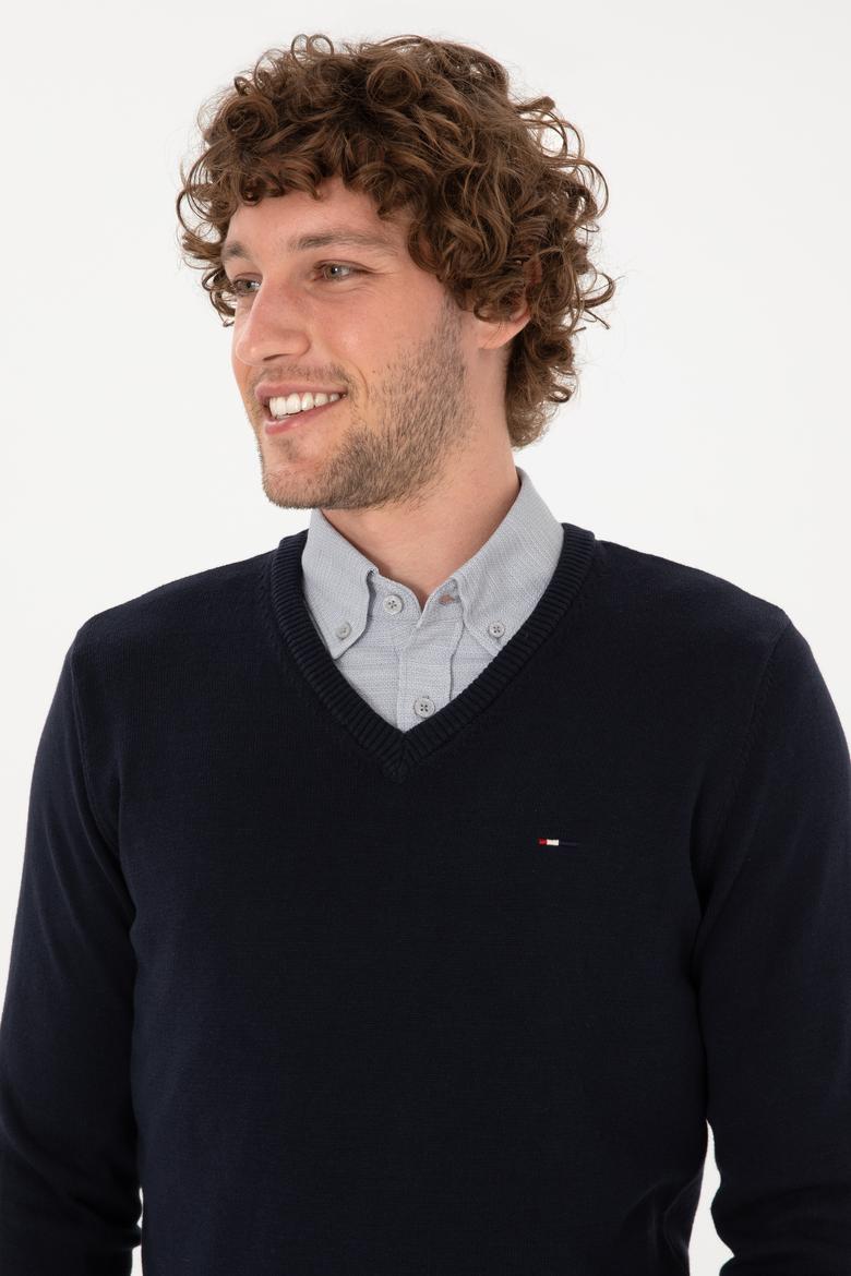 Erkek Slim Fit V Yaka Lacivert Basic Kazak - 50313668011