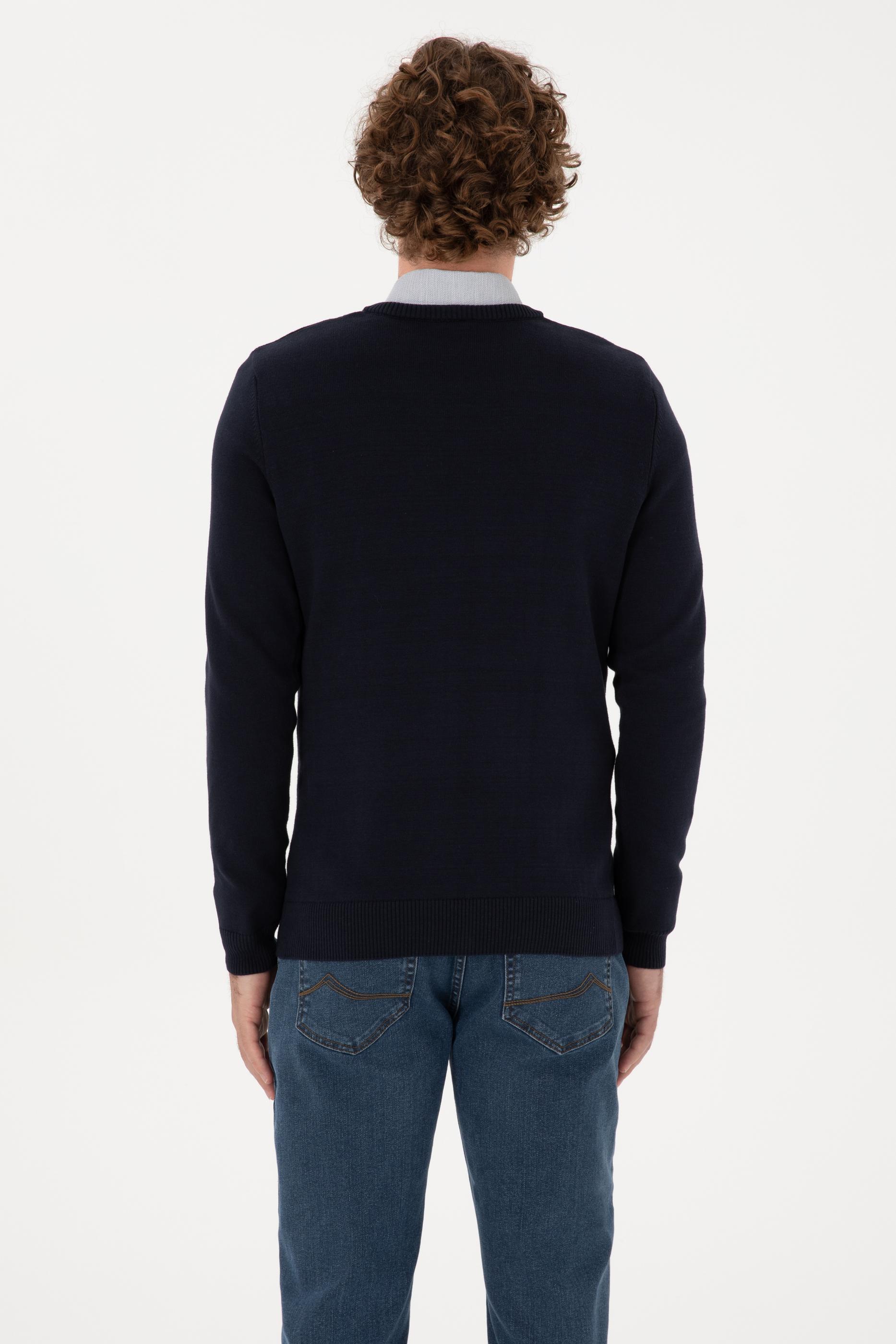 Erkek Slim Fit V Yaka Lacivert Basic Kazak