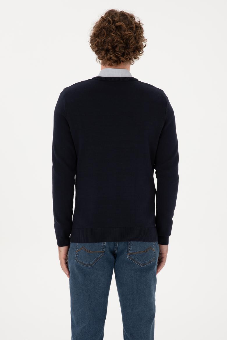 Erkek Slim Fit V Yaka Lacivert Basic Kazak - 50313668011