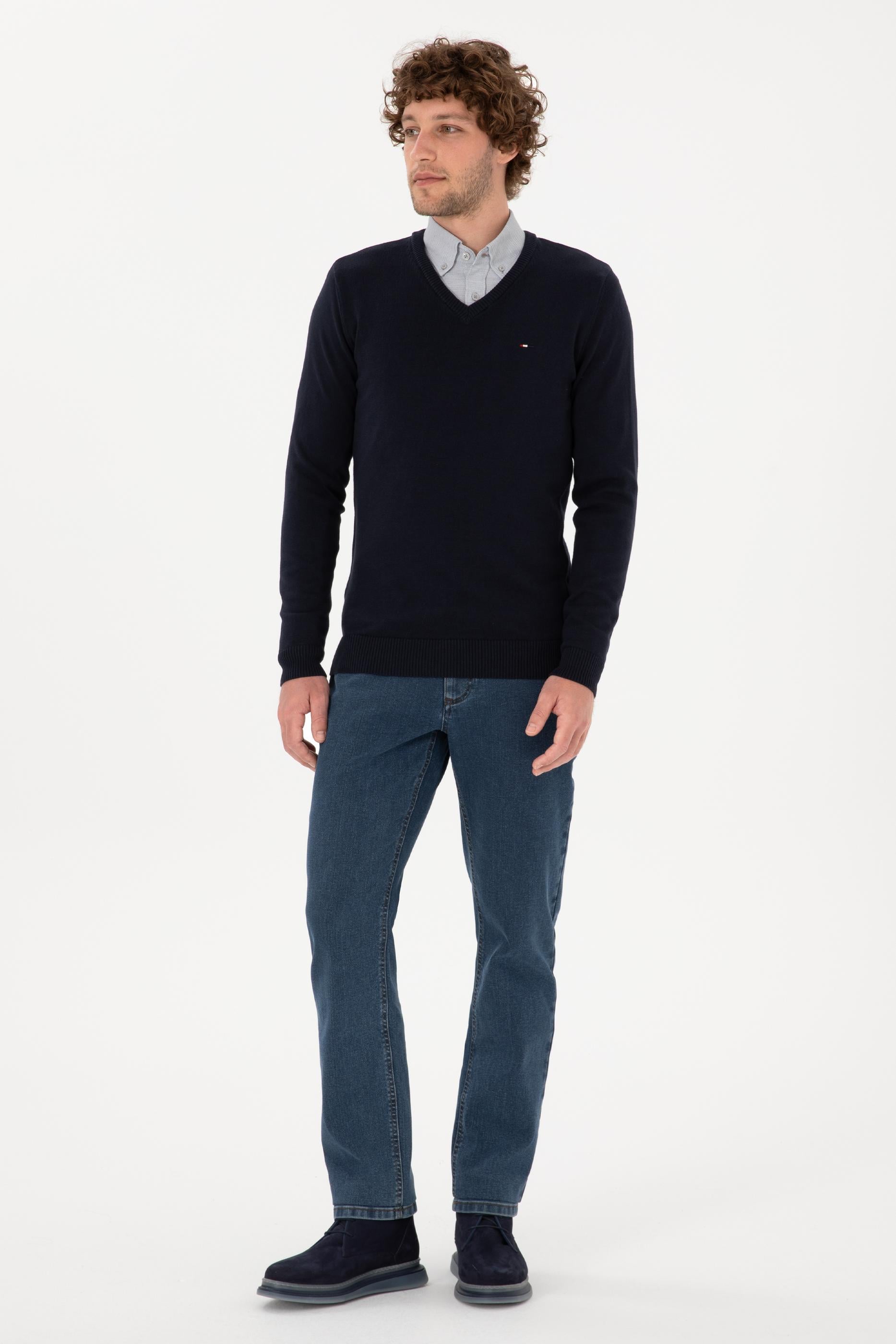 Erkek Slim Fit V Yaka Lacivert Basic Kazak