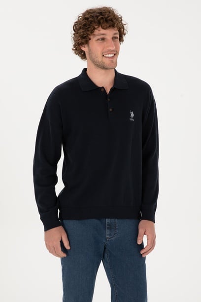 Erkek Comfort Fit Polo Yaka Lacivert Basic Kazak