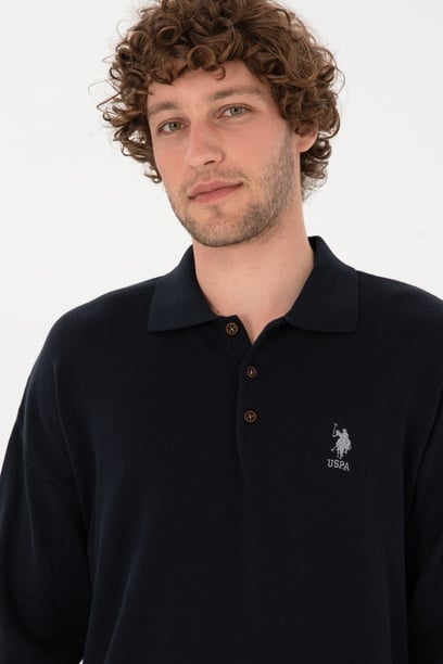 Erkek Comfort Fit Polo Yaka Lacivert Basic Kazak