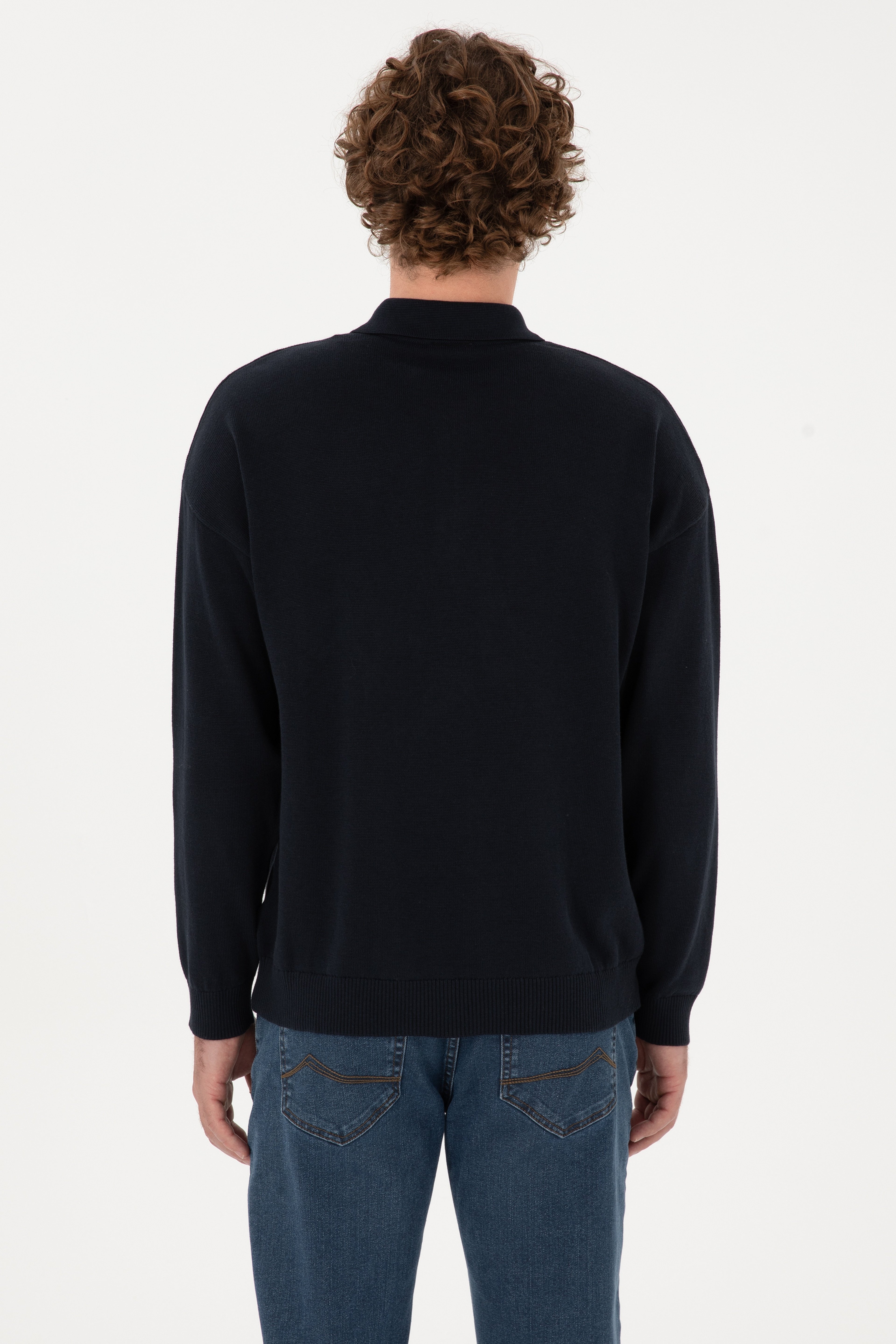 Erkek Comfort Fit Polo Yaka Lacivert Basic Kazak - Image 5