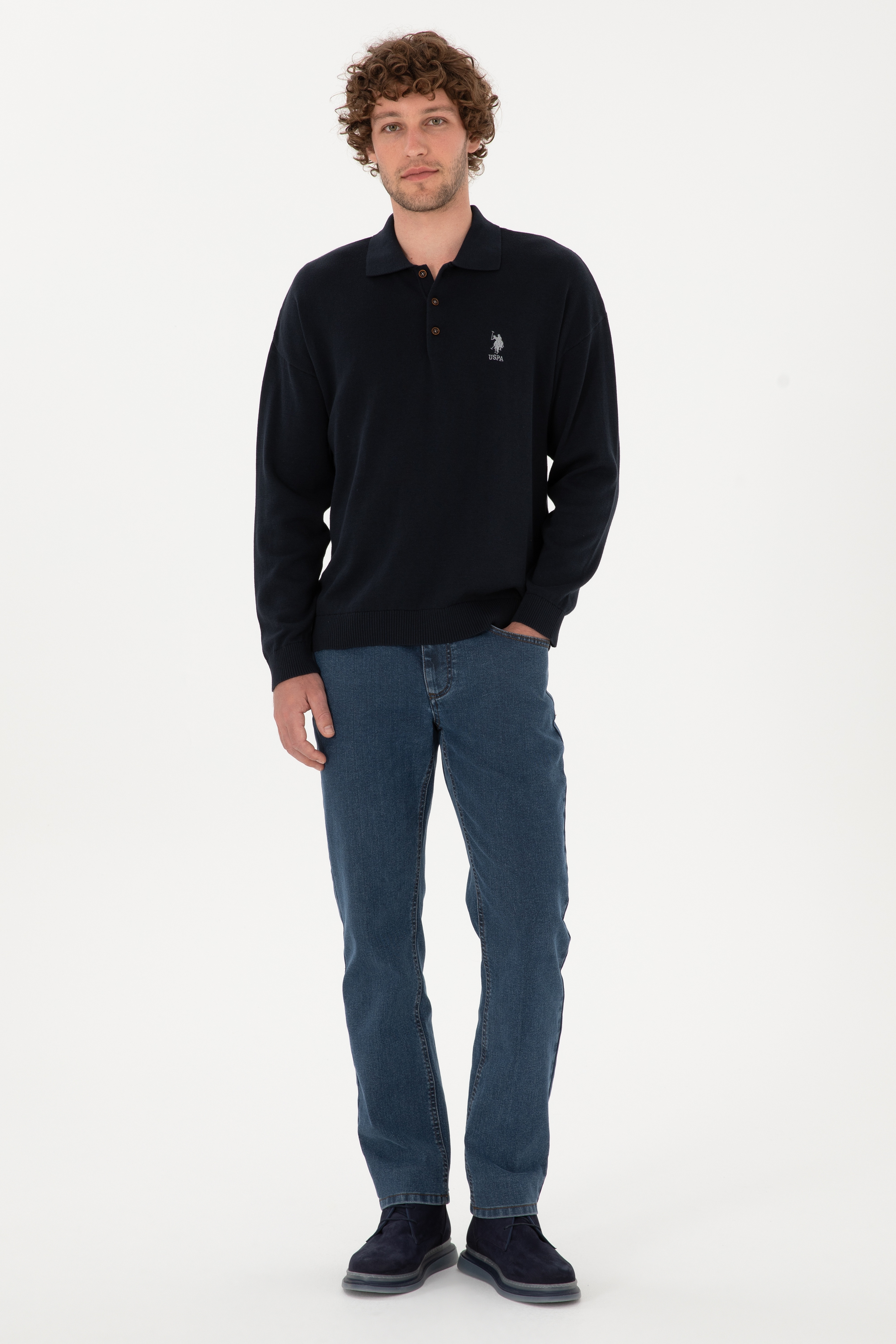 Erkek Comfort Fit Polo Yaka Lacivert Basic Kazak - Image 4