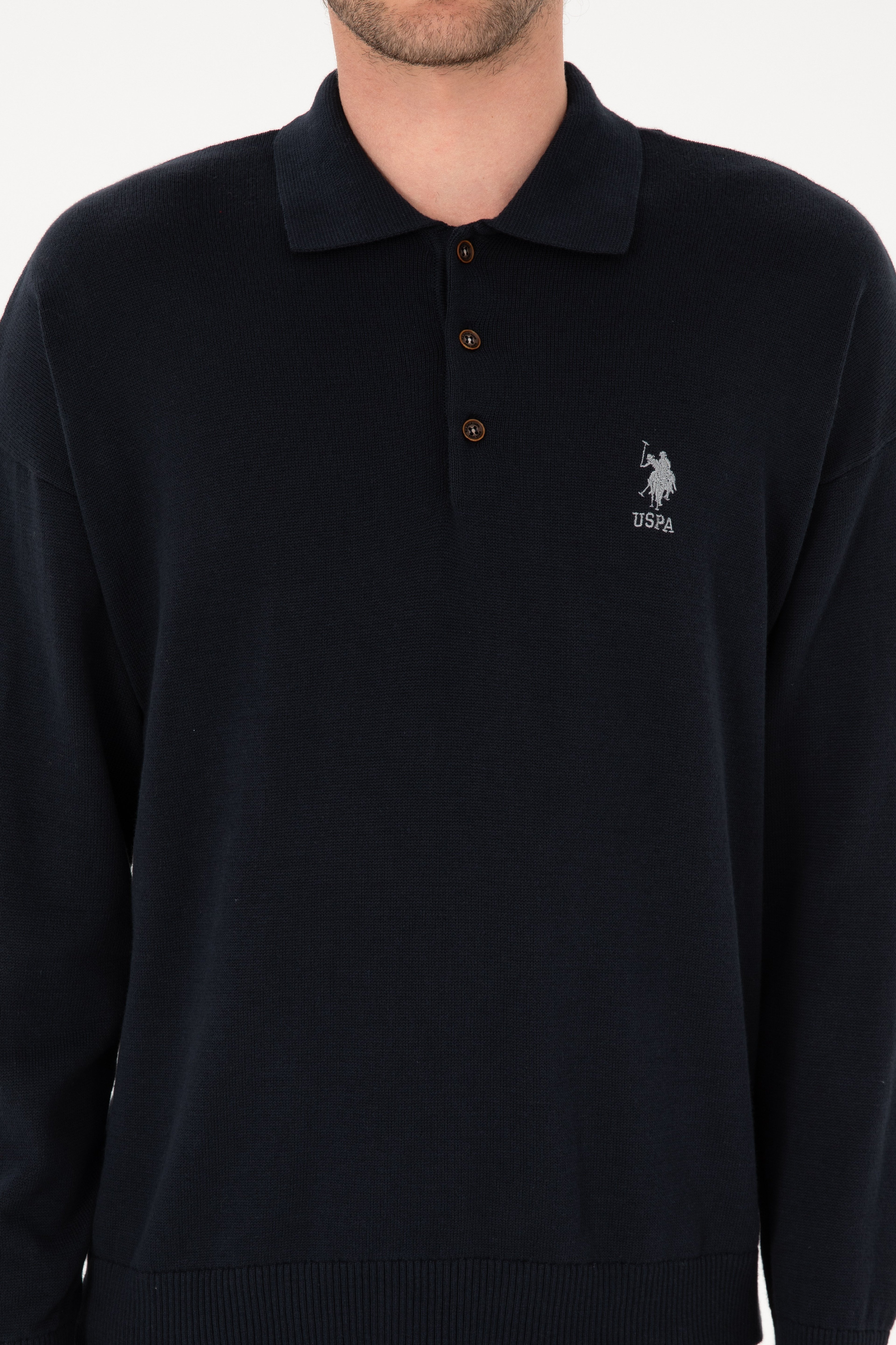 Erkek Comfort Fit Polo Yaka Lacivert Basic Kazak - Image 6