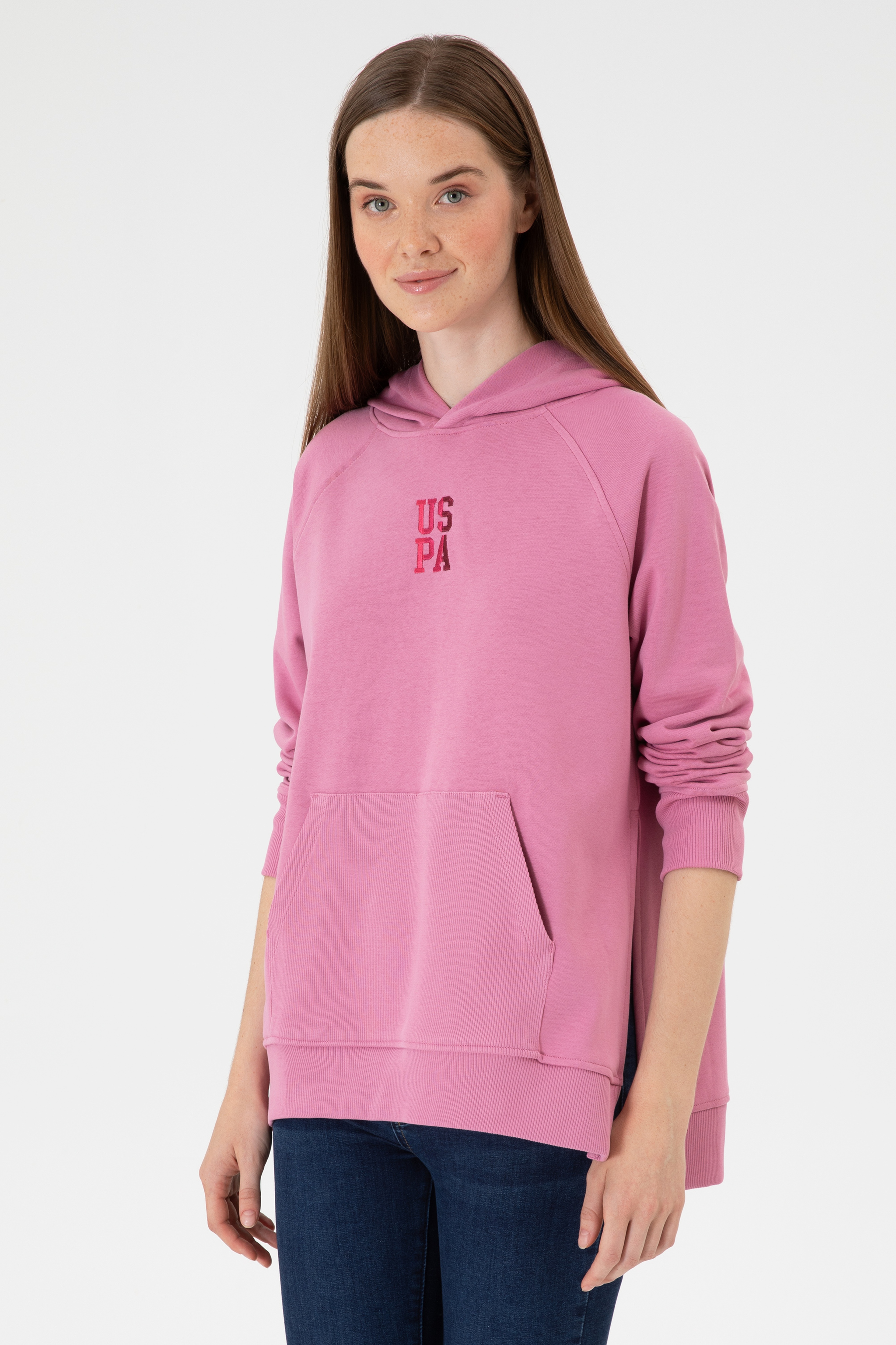 Kadın Koyu Pembe Yırtmaçlı Kapüşonlu Sweatshırt