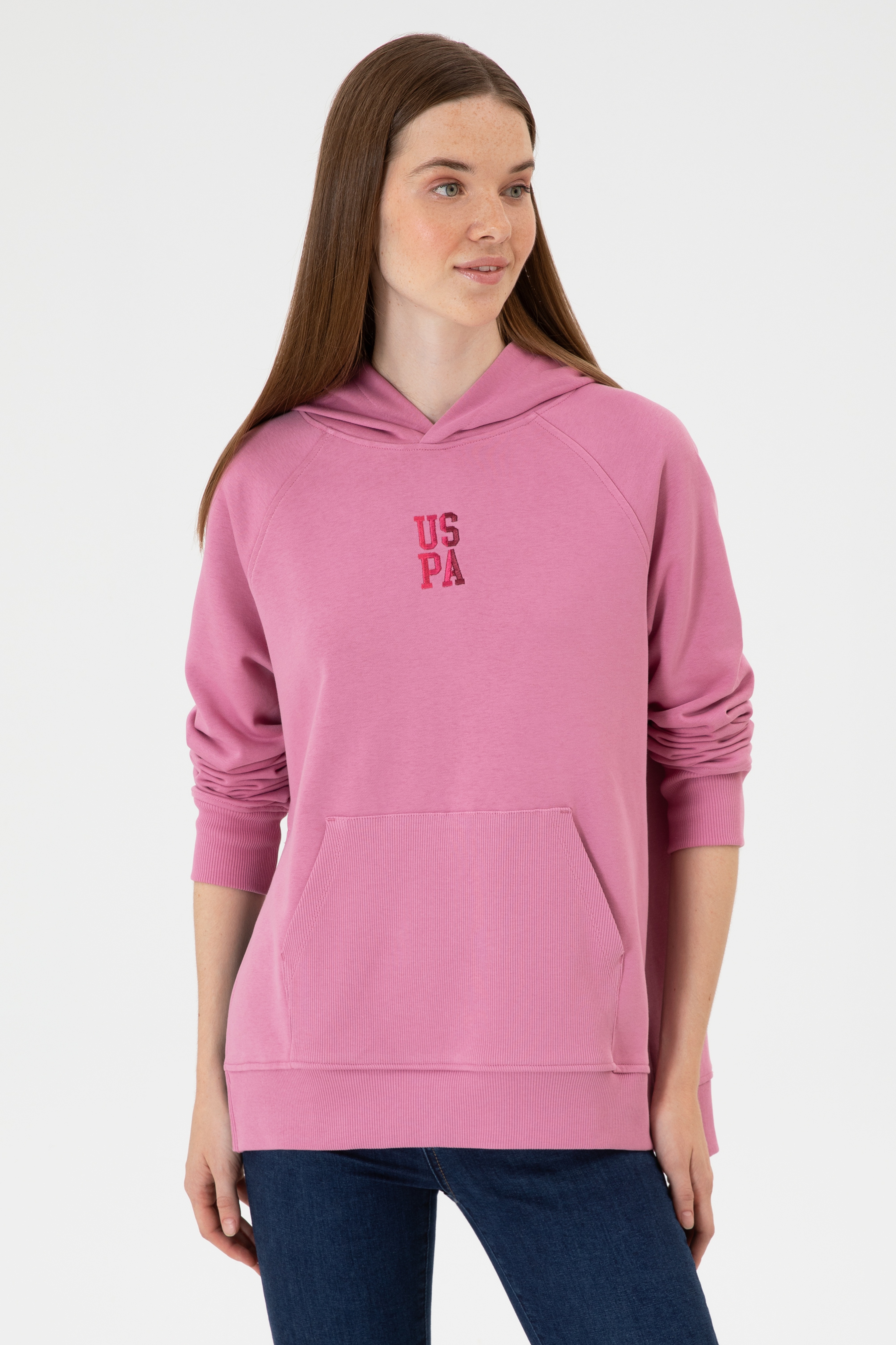 Kadın Koyu Pembe Yırtmaçlı Kapüşonlu Sweatshırt - Image 3