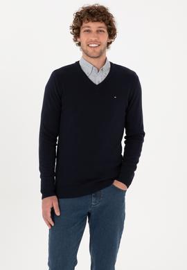 Erkek Slim Fit V Yaka Lacivert Basic Kazak - 50313668011