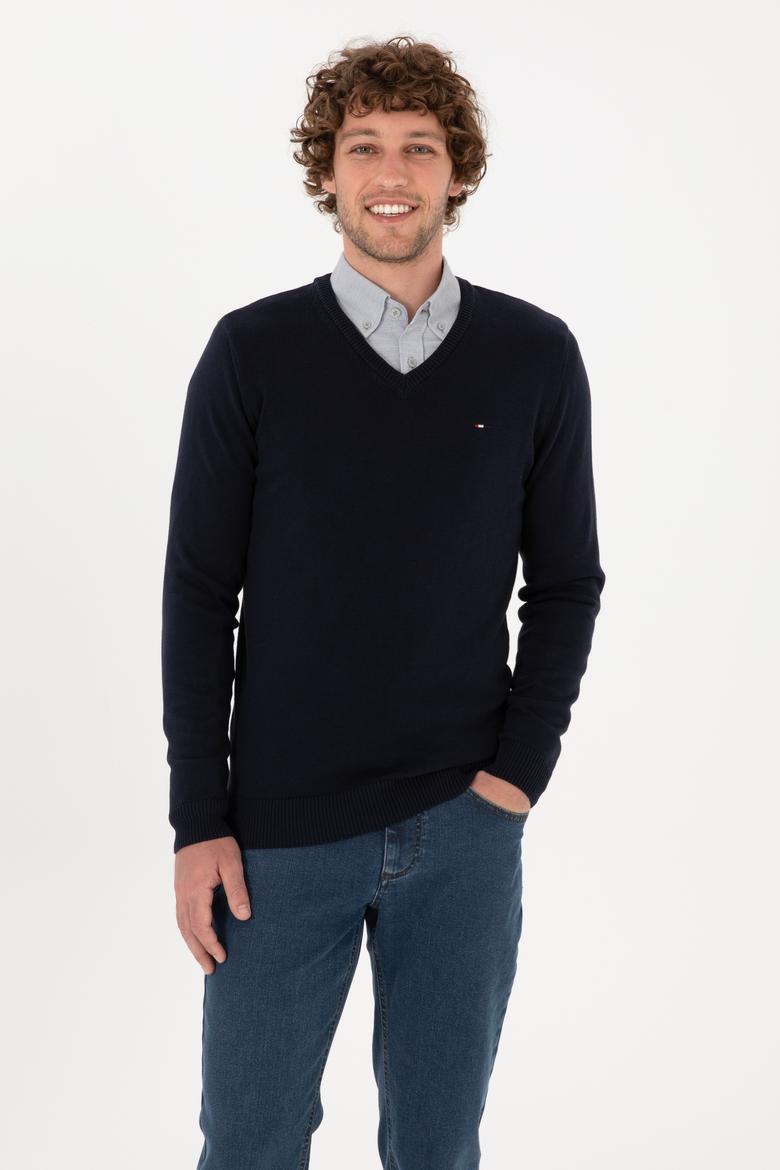 Erkek Slim Fit V Yaka Lacivert Basic Kazak