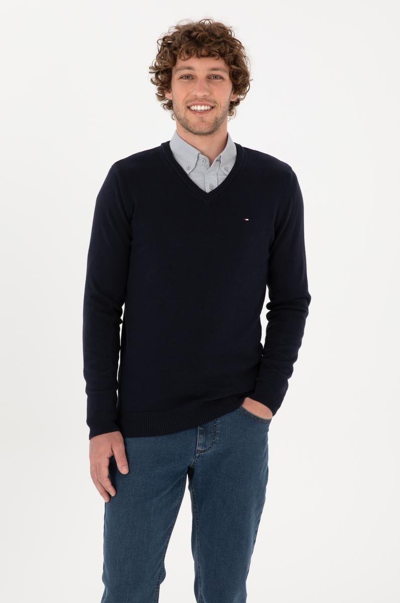 Erkek Slim Fit V Yaka Lacivert Basic Kazak