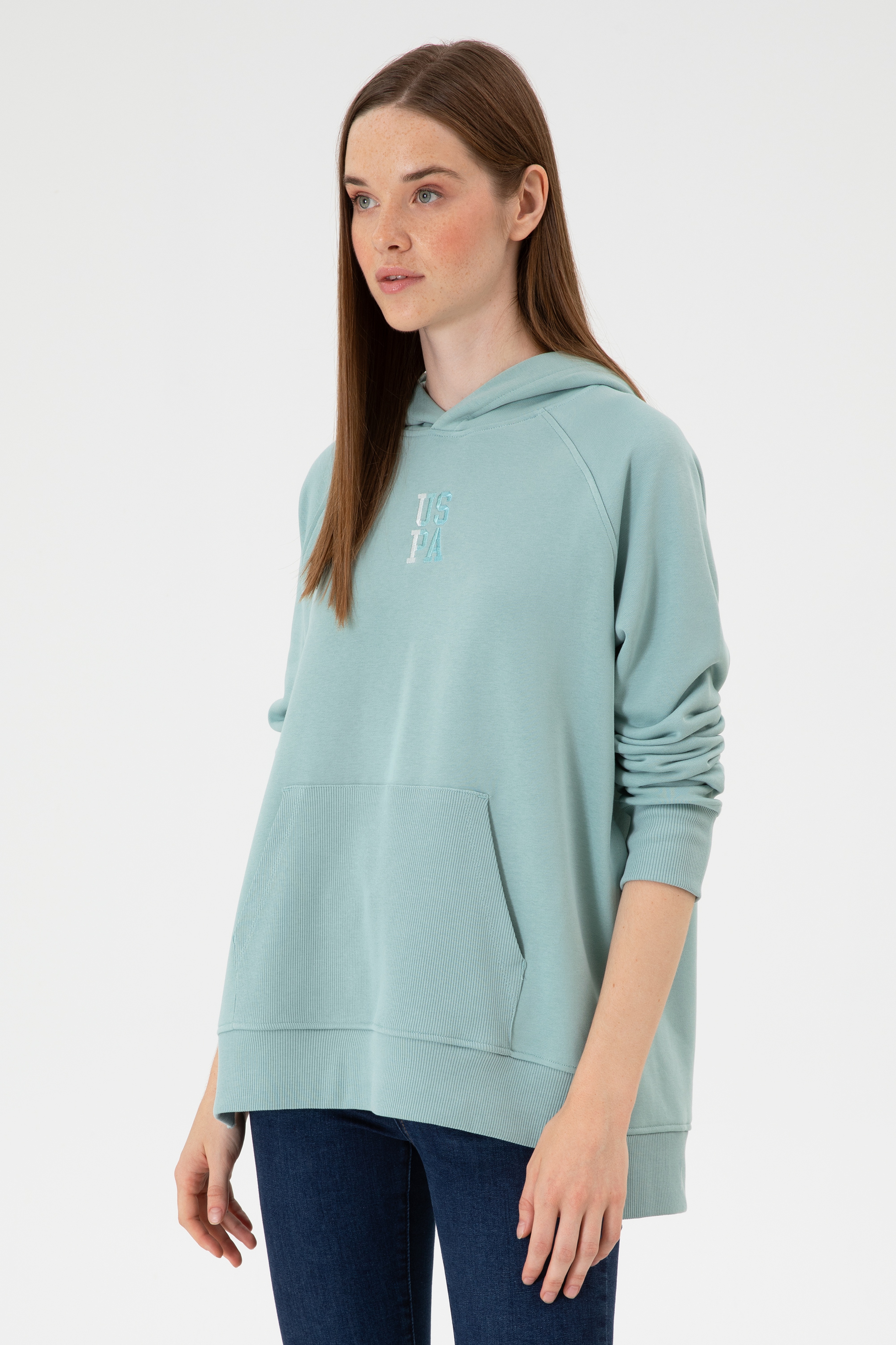 Kadın Mint Yırtmaçlı Kapüşonlu Sweatshırt