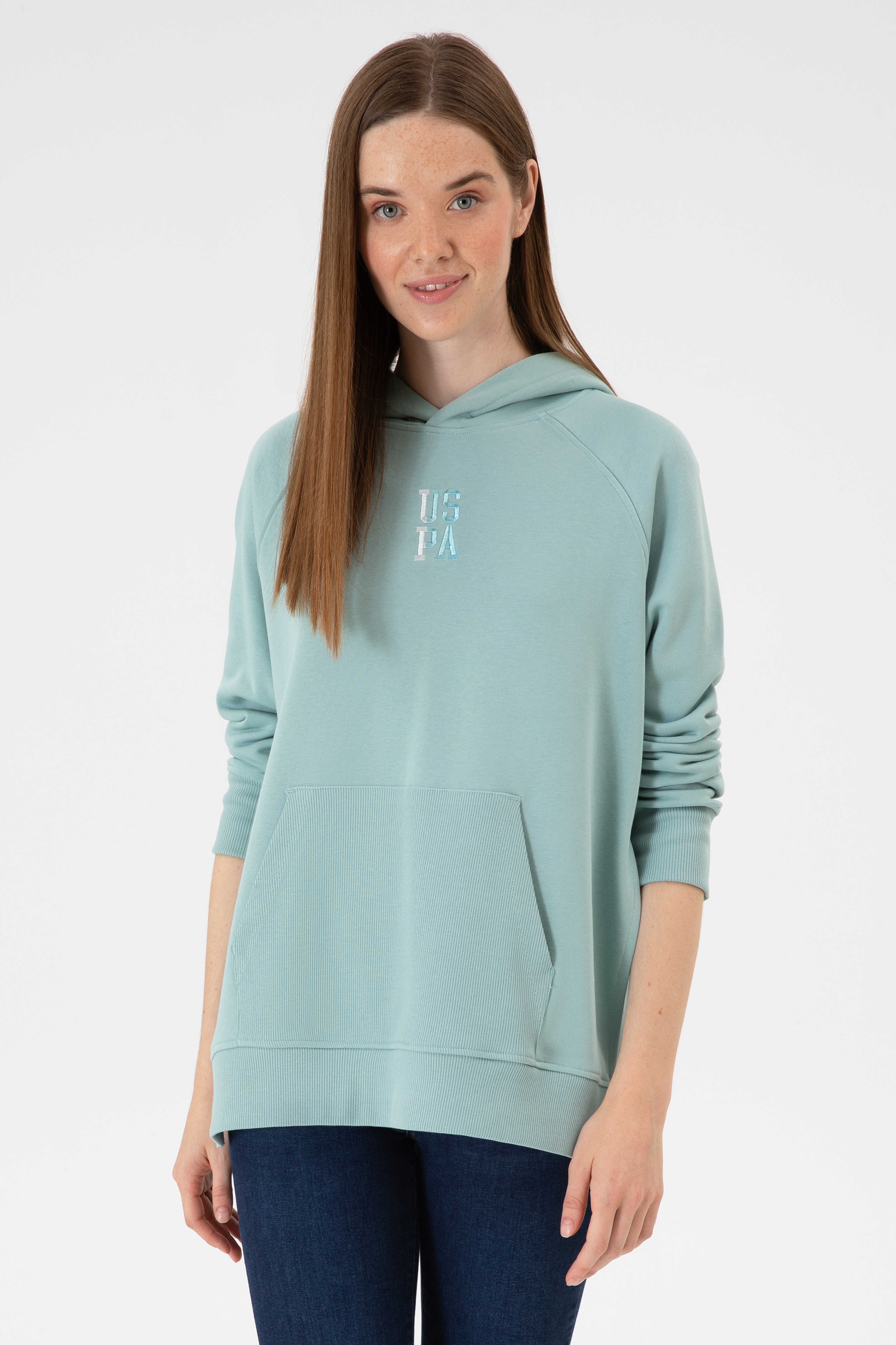 Kadın Mint Yırtmaçlı Kapüşonlu Sweatshırt - Image 1