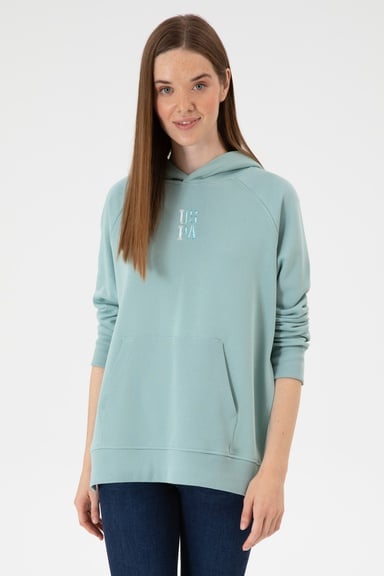 Kadın Mint Yırtmaçlı Kapüşonlu Sweatshırt