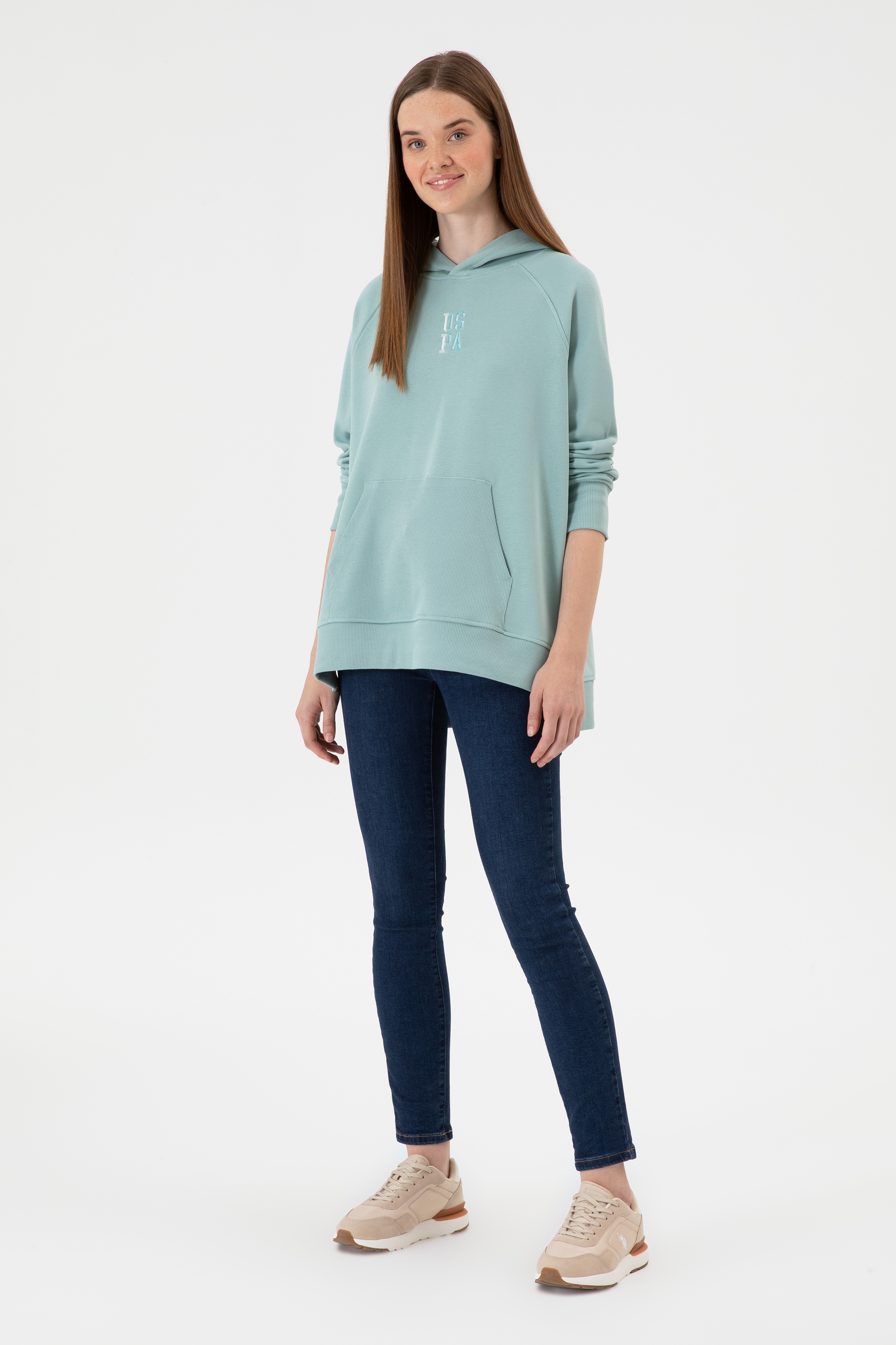 Kadın Mint Yırtmaçlı Kapüşonlu Sweatshırt - Image 4
