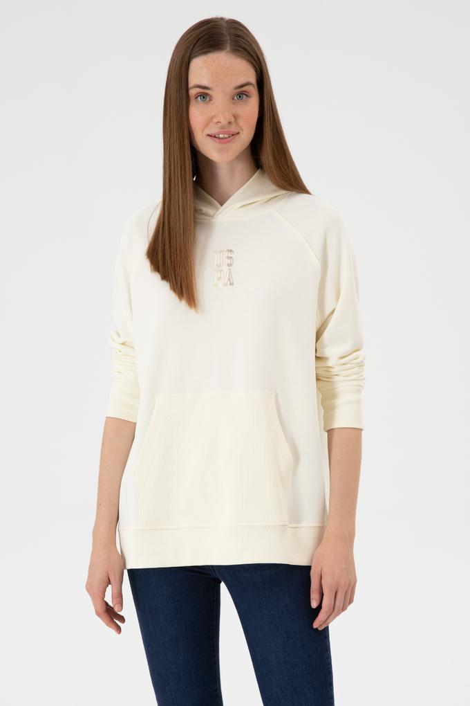 Kadın Krem Yırtmaçlı Kapüşonlu Sweatshırt