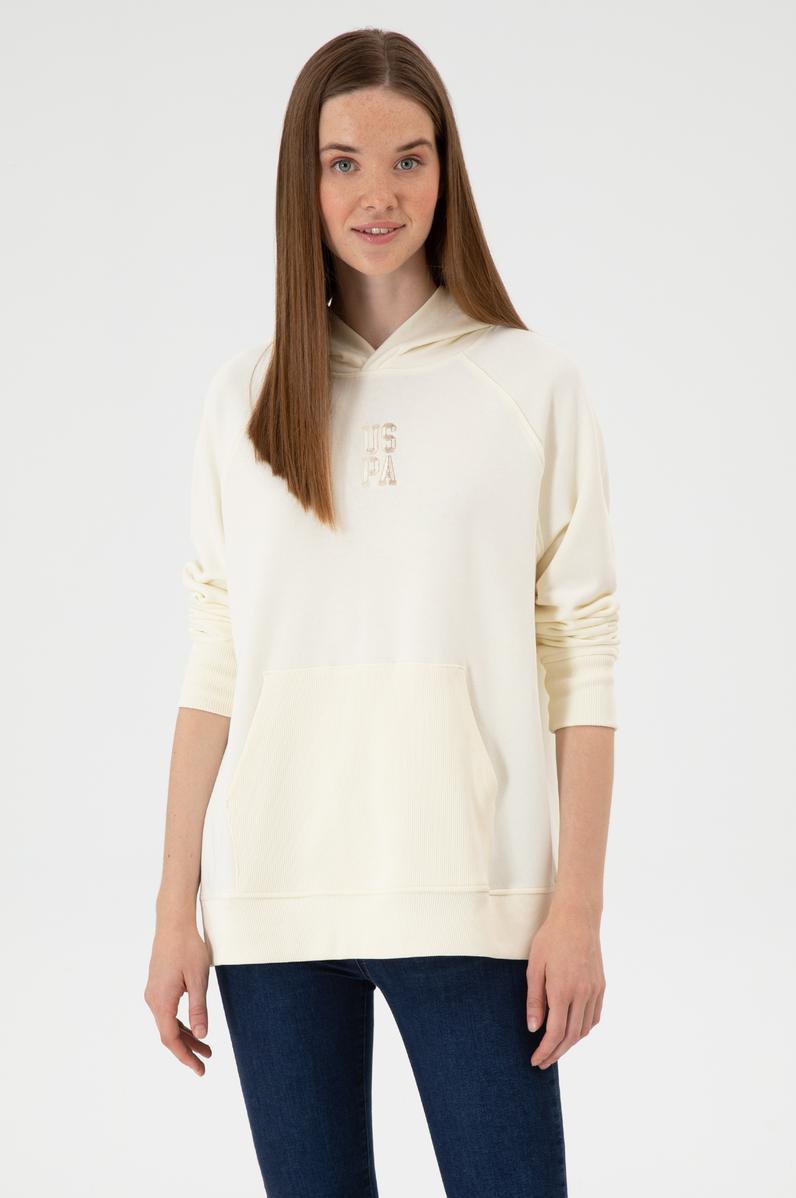 Kadın Krem Yırtmaçlı Kapüşonlu Sweatshırt