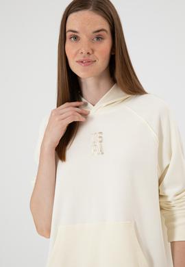 Kadın Krem Yırtmaçlı Kapüşonlu Sweatshırt - 50313611038