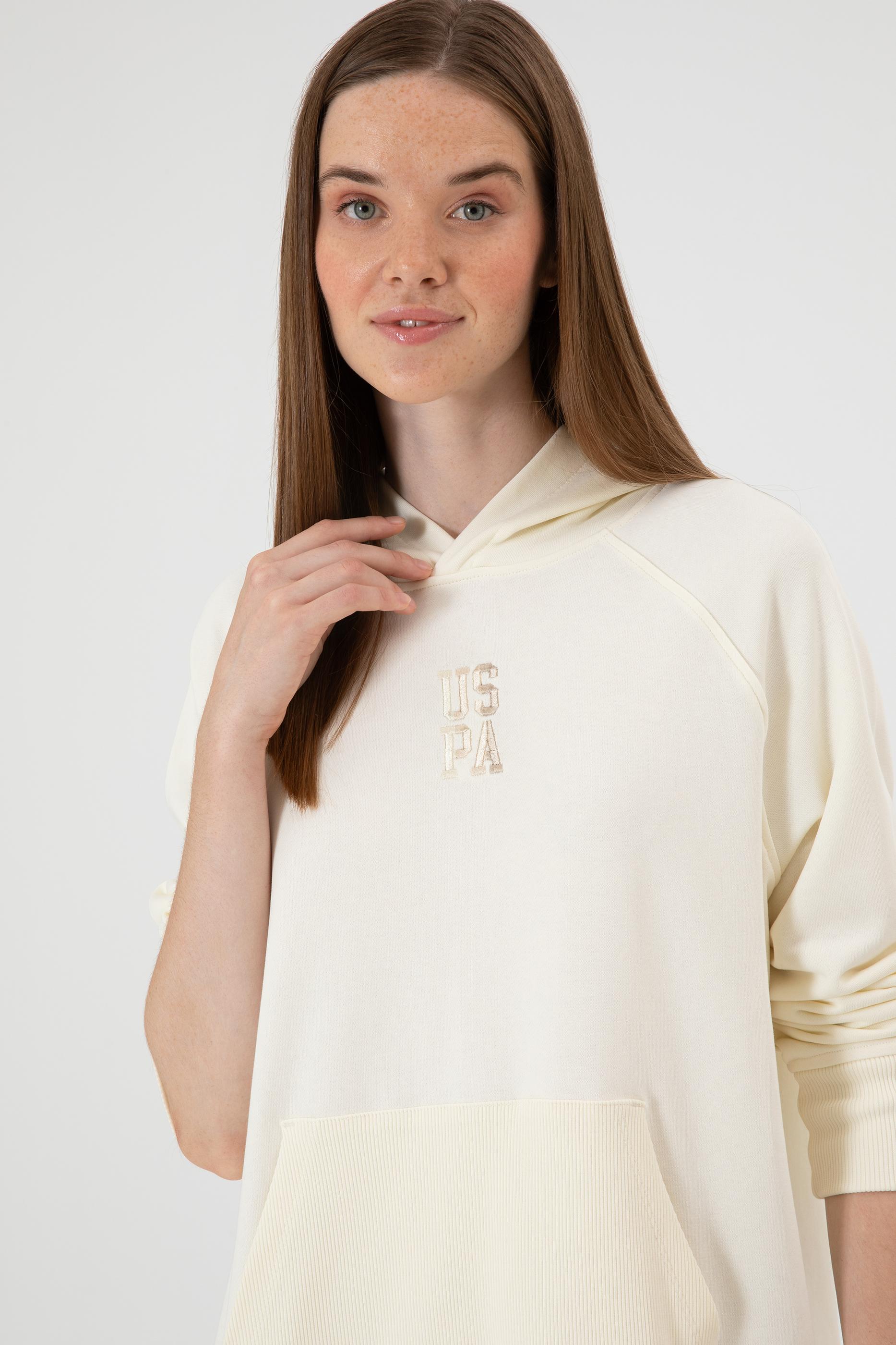 Kadın Krem Yırtmaçlı Kapüşonlu Sweatshırt