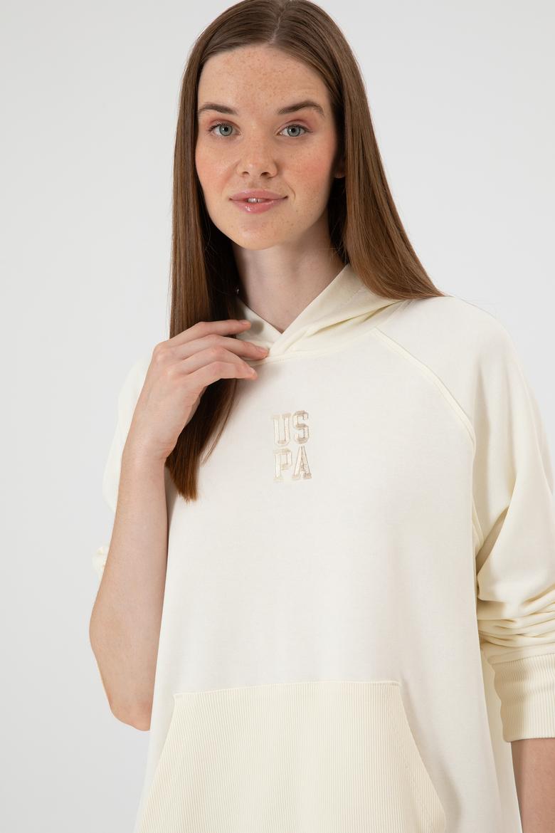Kadın Krem Yırtmaçlı Kapüşonlu Sweatshırt - 50313611038