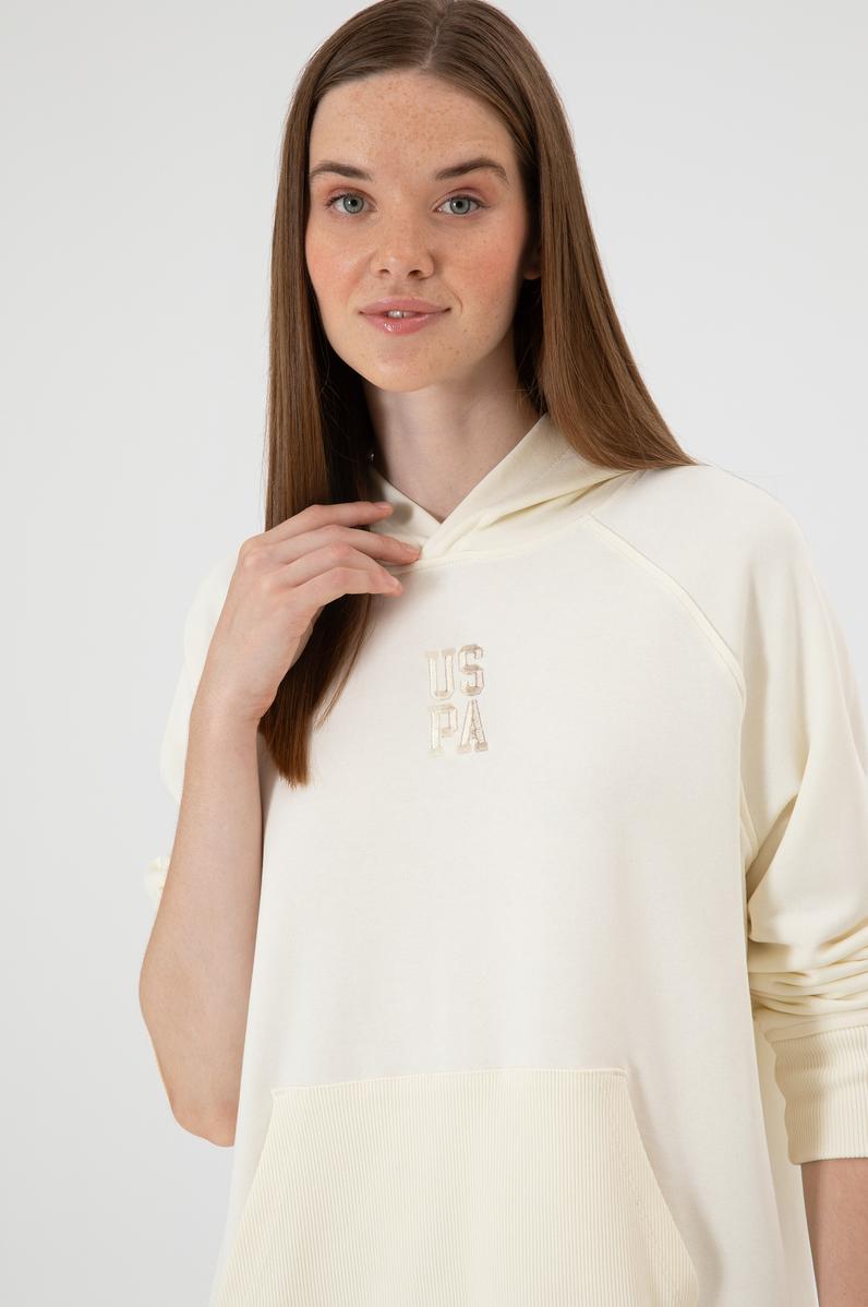 Kadın Krem Yırtmaçlı Kapüşonlu Sweatshırt