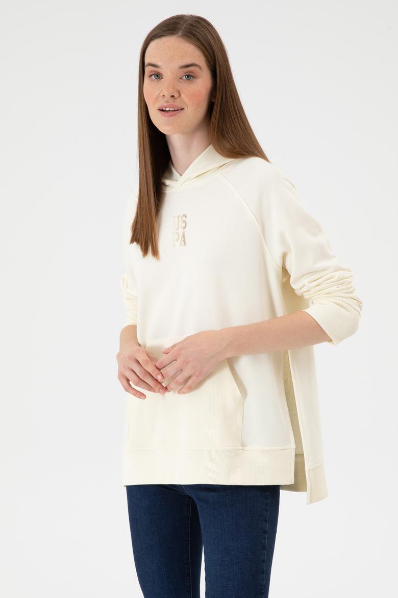 Kadın Krem Yırtmaçlı Kapüşonlu Sweatshırt - 50313611038